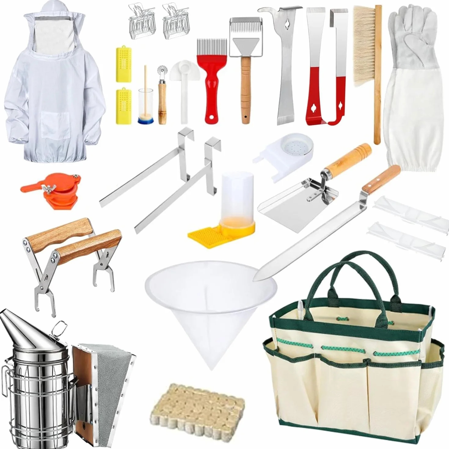 Accessori Apicoltura, Set Starter Apicoltura 30 Pezzi, Forniture per Apicoltura con Borsa Tote, Gancio J, Maniglia Telaio, Set di Avviamento per Principianti e Apicoltori Professionisti