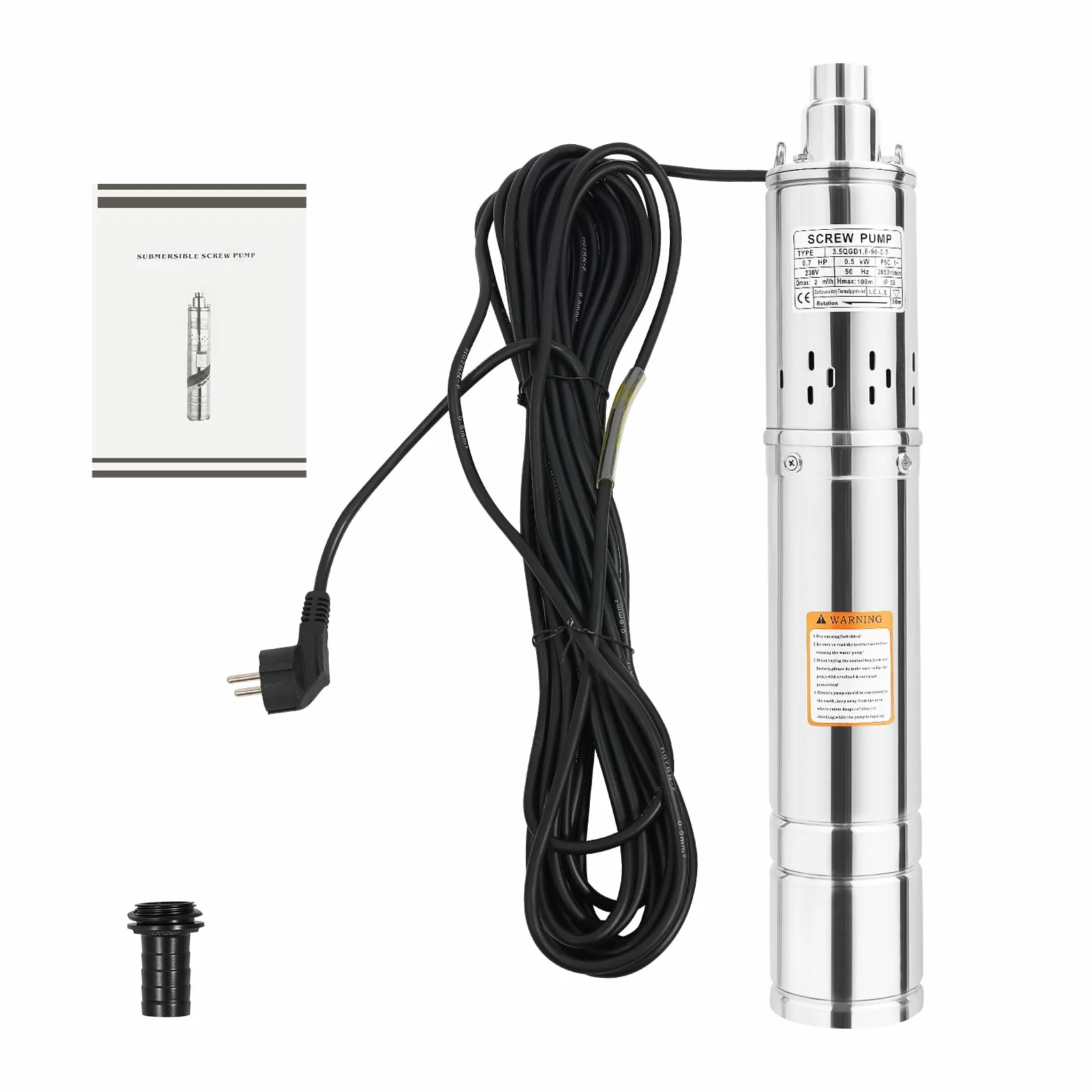Pompa per pozzi profondi 500 W 50HZ, Pompa Sommersa per Pozzi Profondi 0,7HP, Lunghezza del cavo 15m, Massima Prevalenza 100m, Portata massima Portata 2 m³