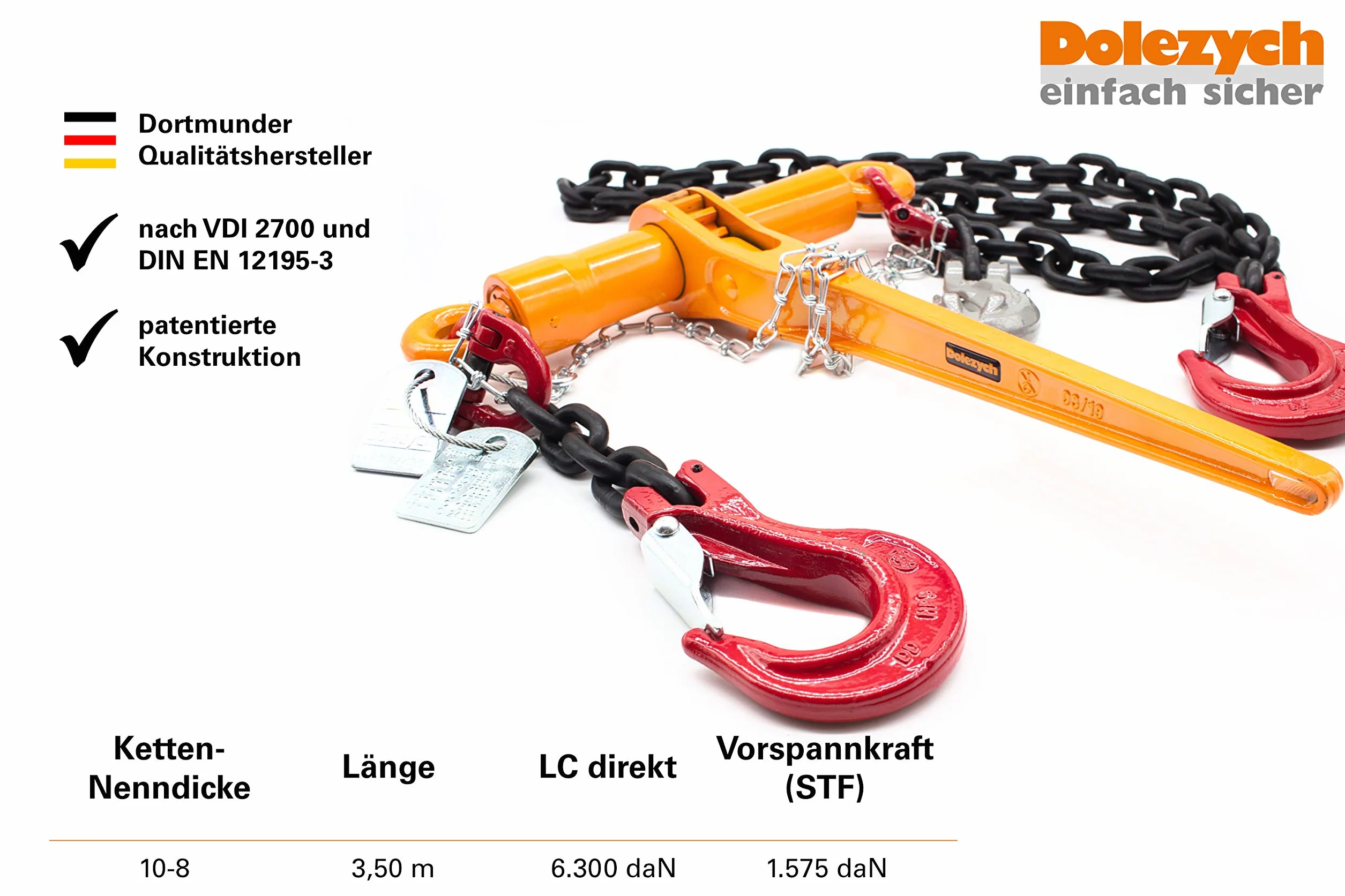 Dolezych Catena di ancoraggio di grado 80 con raccoglitore a cricchetto Dora, 2 ganci a forcella, catena da 10 mm, capacità di ancoraggio diretto = 6300 dan, lunghezza 3,50 m
