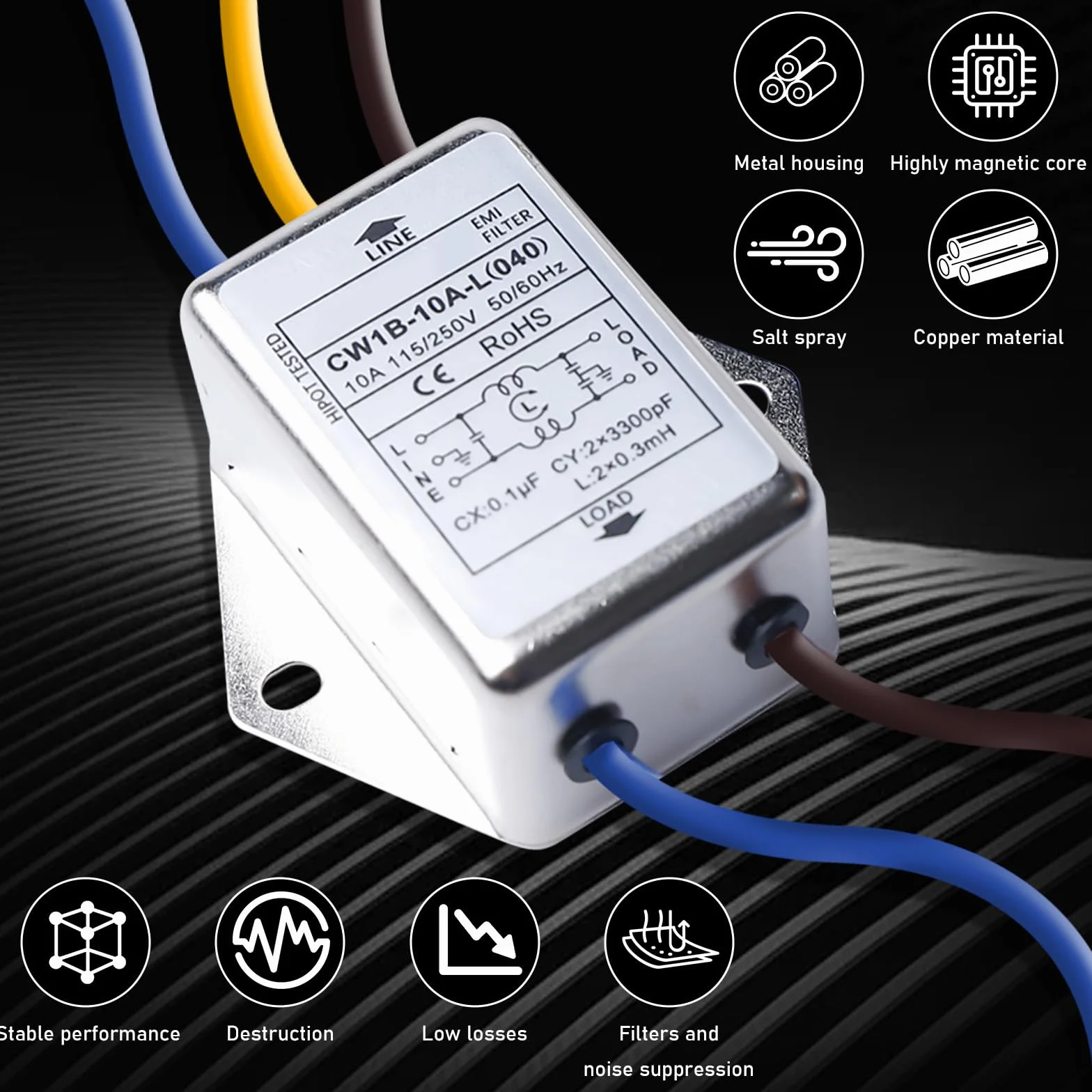 3 filtri EMI CW1B-10A-L - Filtro monofase 250 V 10 A, filtro elettromagnetico per la soppressione di disturbi impulsi continui e intermittenti