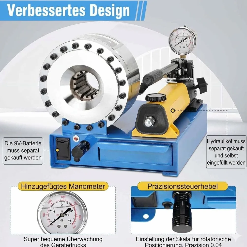 Kit crimpatrice per tubi oleodinamica Professionale | Forza 2000kN | 8 Matrici (10-30mm²) per Tubi R1/R2 da 1/4" a 1" | Crimpatrice per Riparazioni Auto, Agricole e Industriali | Certificato CE.