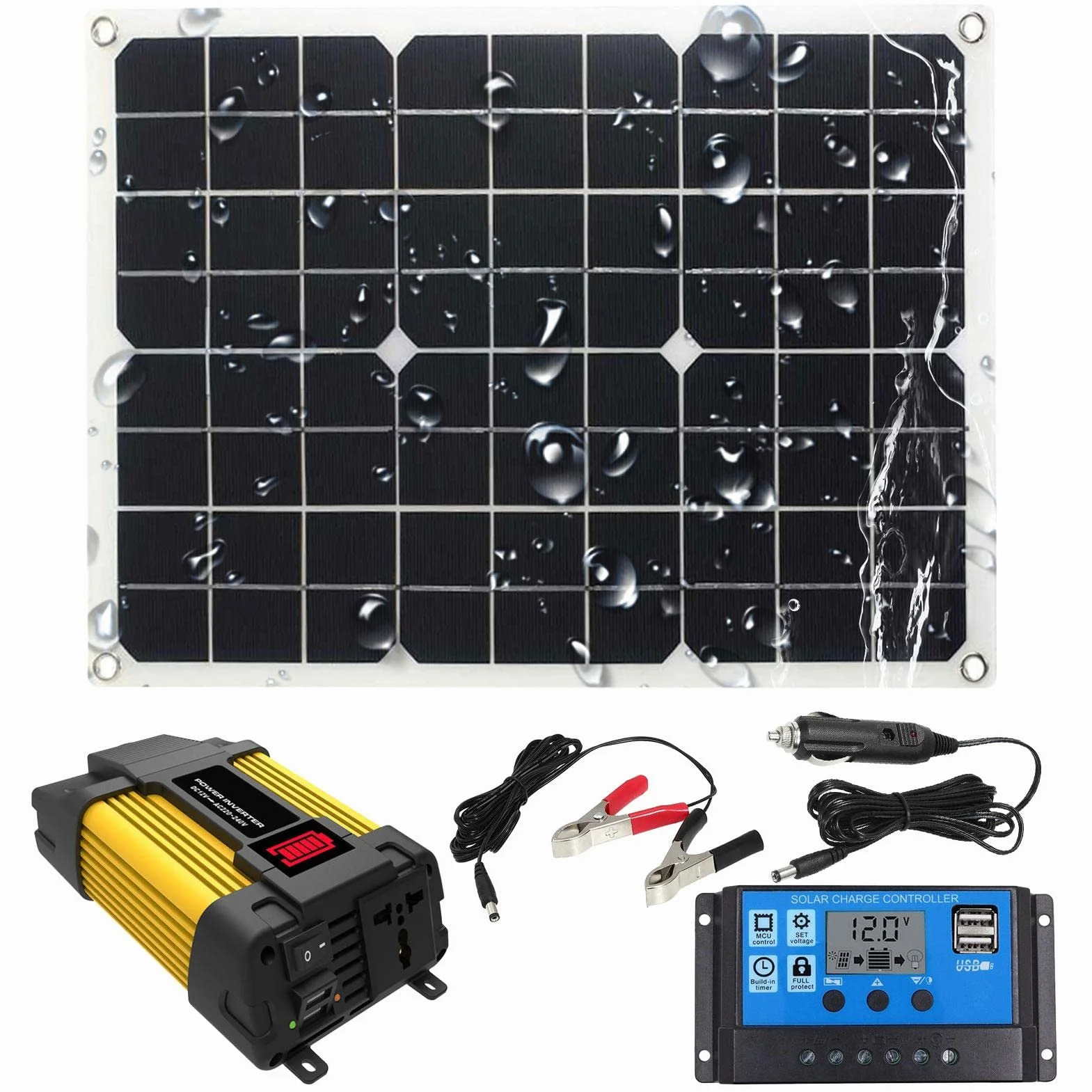 Kit Pannello Solare 500W 12V con Inverter USB Regolatore Carica 30A per Casa Camper