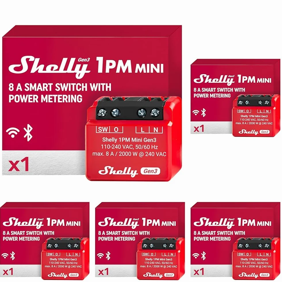 Shelly 1PM Mini Gen3, Relè Intelligente WiFi e Bluetooth, 1 Canale, 8A, Misurazione di Potenza, Domotica, Controllo Remoto, Alexa e Google Home, iOS Android, Nessun Hub Necessario (Confezione da 5)