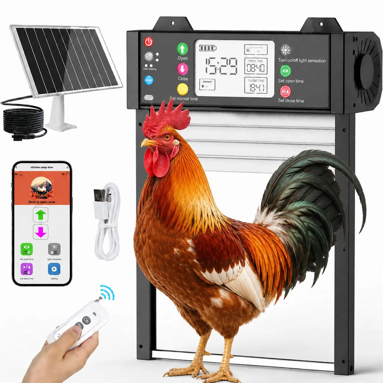 Shinmax Porta Automatica Solare Intelligente Per Pollaio Con App WiFi 2,4 GHz, Sensore Di Luce, Timer, Anti-Schiacciamento, Display LCD, Batteria Ricaricabile 4000mAh
