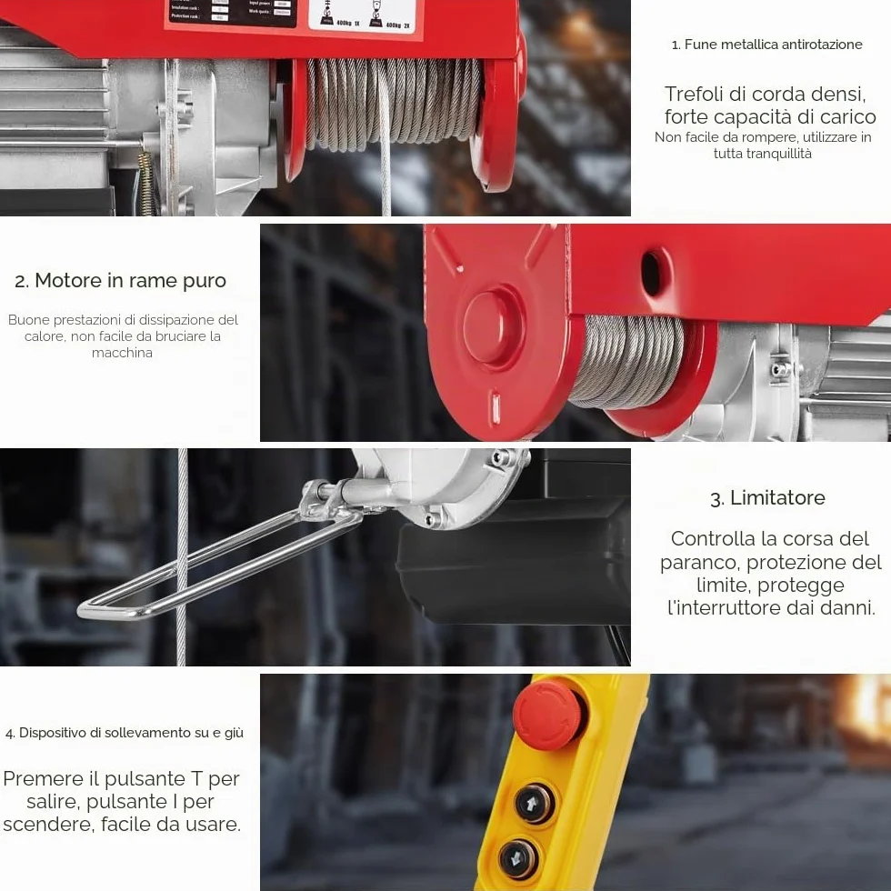 TEENO Paranco elettrico 1450 W, Sovraccarico Ascensore Verricello elettrico 220 V 20 M, sospensione singola e doppia, 400 KG/800 KG, 6 m/min |12 m/min Rosso (400 kg/800 kg)