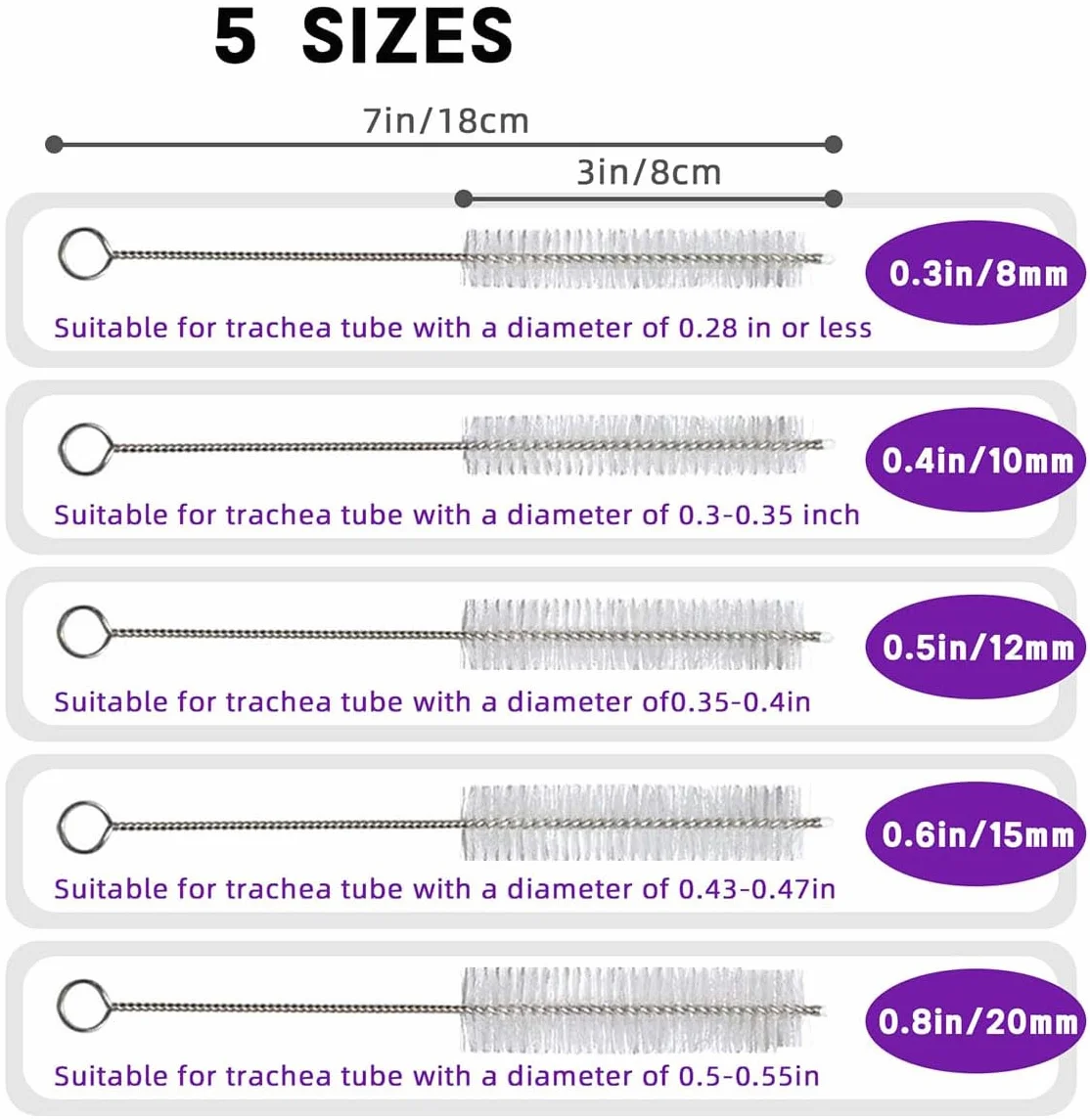 Spazzole sterili per tracheostomia, 10 Pezzi di spazzole per Tubi faringei, Spazzola per la Pulizia dei Tubi con setole in Nylon per Forniture per tracheostomia,8mm