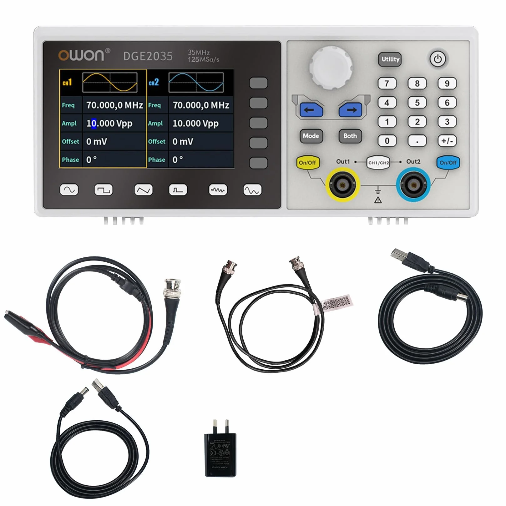 OWON DGE2035 Generatore portatile di forme d'onda arbitrarie, display LCD da 3,6 pollici, doppio canale, uscita di frequenza da 35 MHz, frequenza di campionamento massima di 150MSa/s generatore