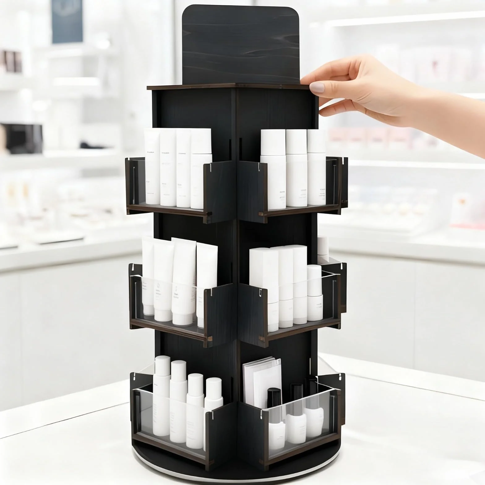 Scaffale organizer da banco in legno nero, espositore girevole a 3 livelli per venditori, espositore per adesivi alto 53,3 cm, diametro 23,6 cm, facile da montare