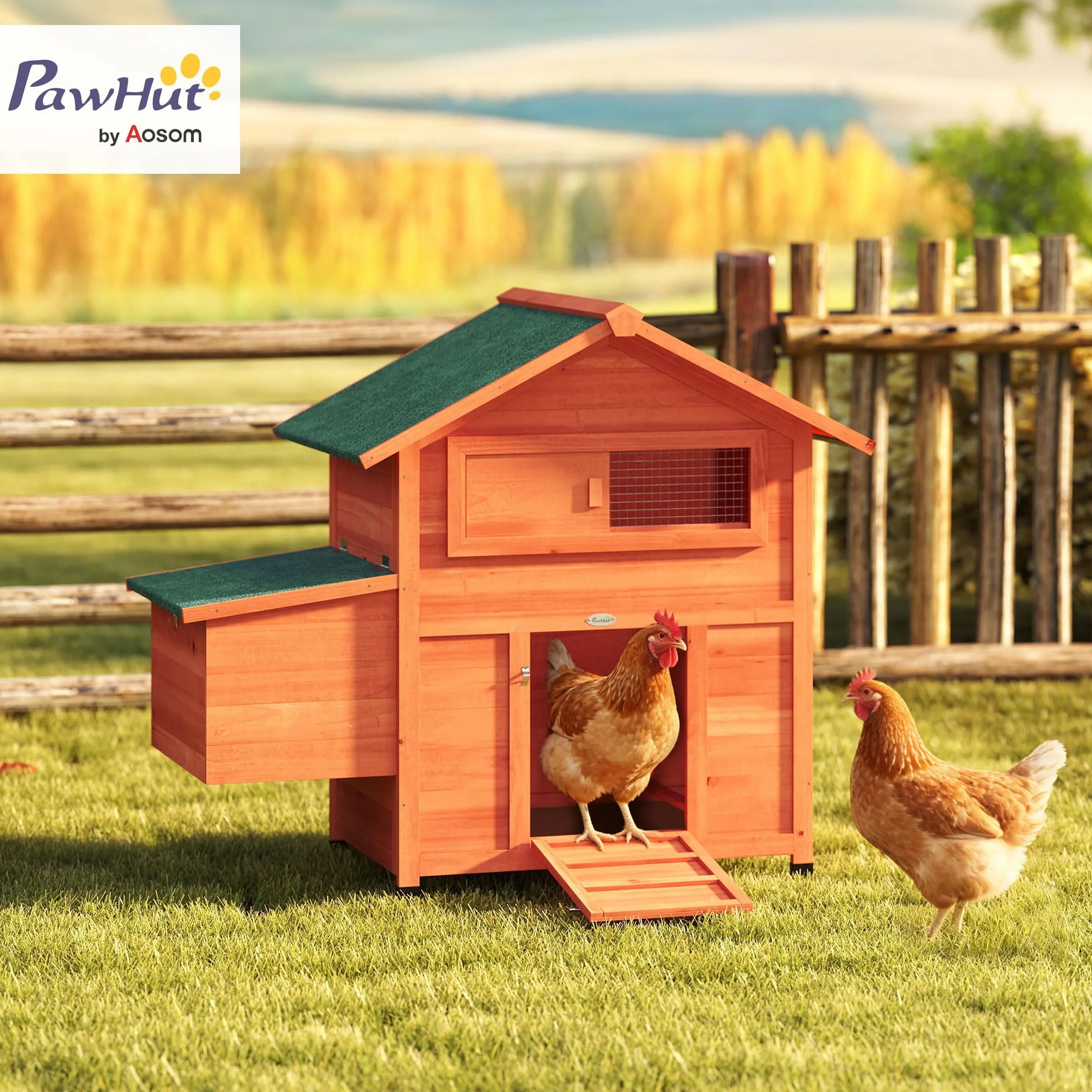 PawHut Pollaio in Legno con Nido, Pollaio per Galline Esterno, Tetto Impermeabile, Vassoio Estraibile, 2 Trespoli, Rampa, Finestra, Casetta per 2 Galline, Anatre, Giardino, 113.5x67.5x95.5cm,Arancione