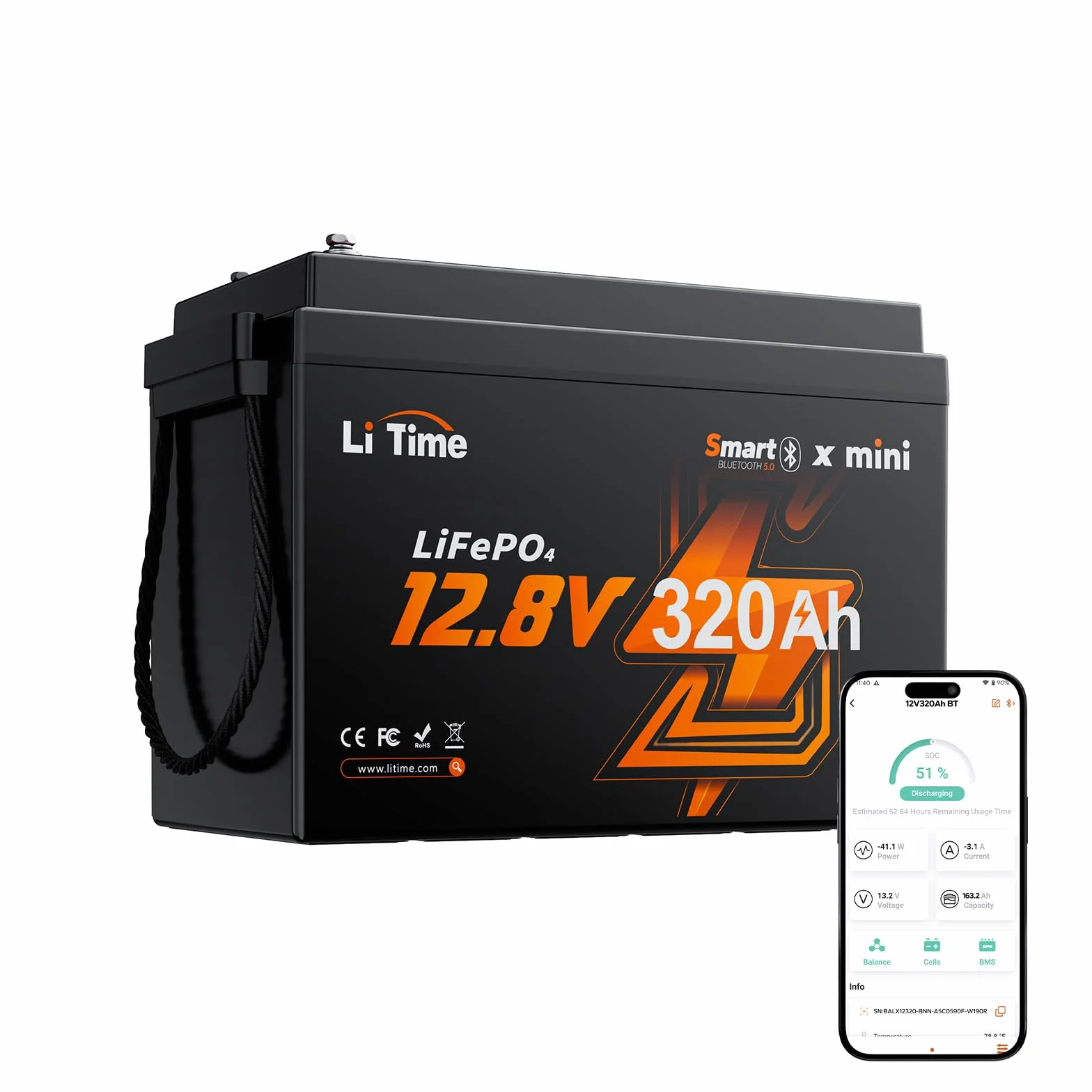 LiTime Batteria al Litio LiFePO4 12V 320Ah con Bluetooth per Camper, 4000-15000 Cicli Profondi, Energia 4096Wh, Perfetta per RV, Furgone Camperizzato, Impianti Solari, Barche, Motori Trolling