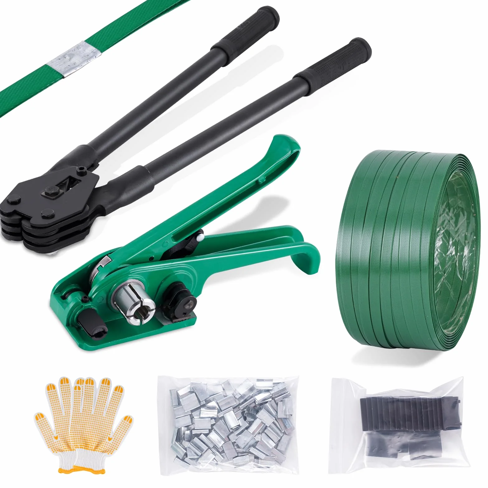 BAOSHISHAN Set di reggiatura manuale per impacchettamento per pallet resistente (1 tenditore, 1 sigillante, reggiatura in PET/poliestere da 200 metri, 100 fibbie, 20 angoli di imballaggio, 1 guanti)