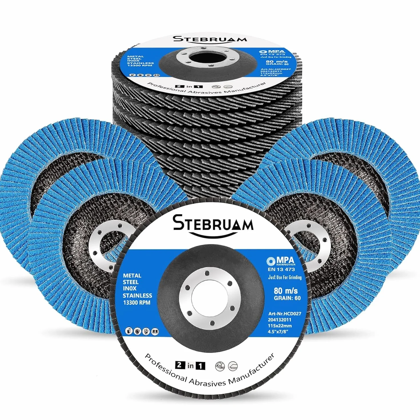 STEBRUAM 12 pezzi dischi lamellari da 115 mm, Disco Abrasivi grana 60, per Smerigliatrice Angolare a Batteria, GWS, BTI, Acciaio Inossidabile Metallo e Legno