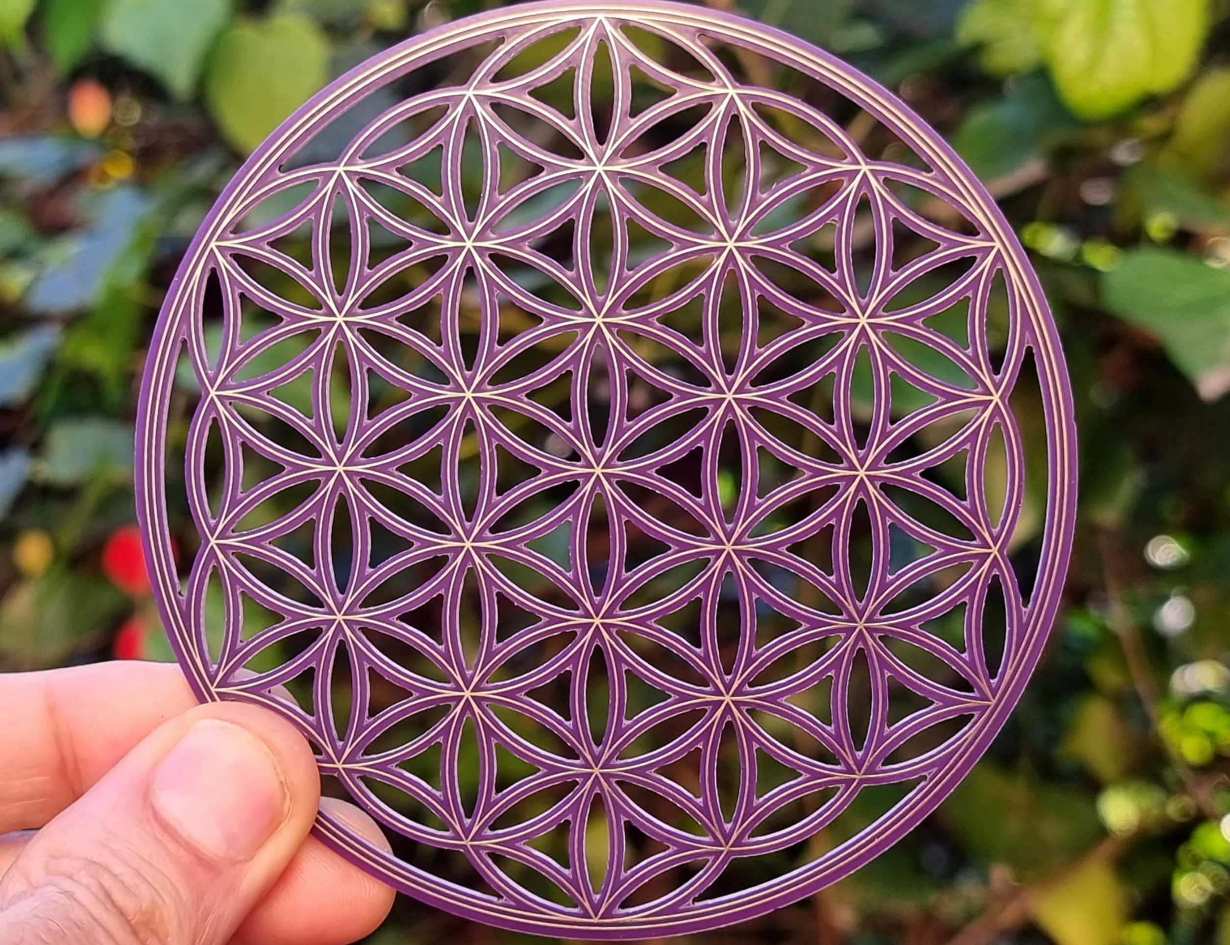 Disco Rame Placcato Oro a Forma di Fiore della Vita 10 cm 2 Lati Onde Scalari