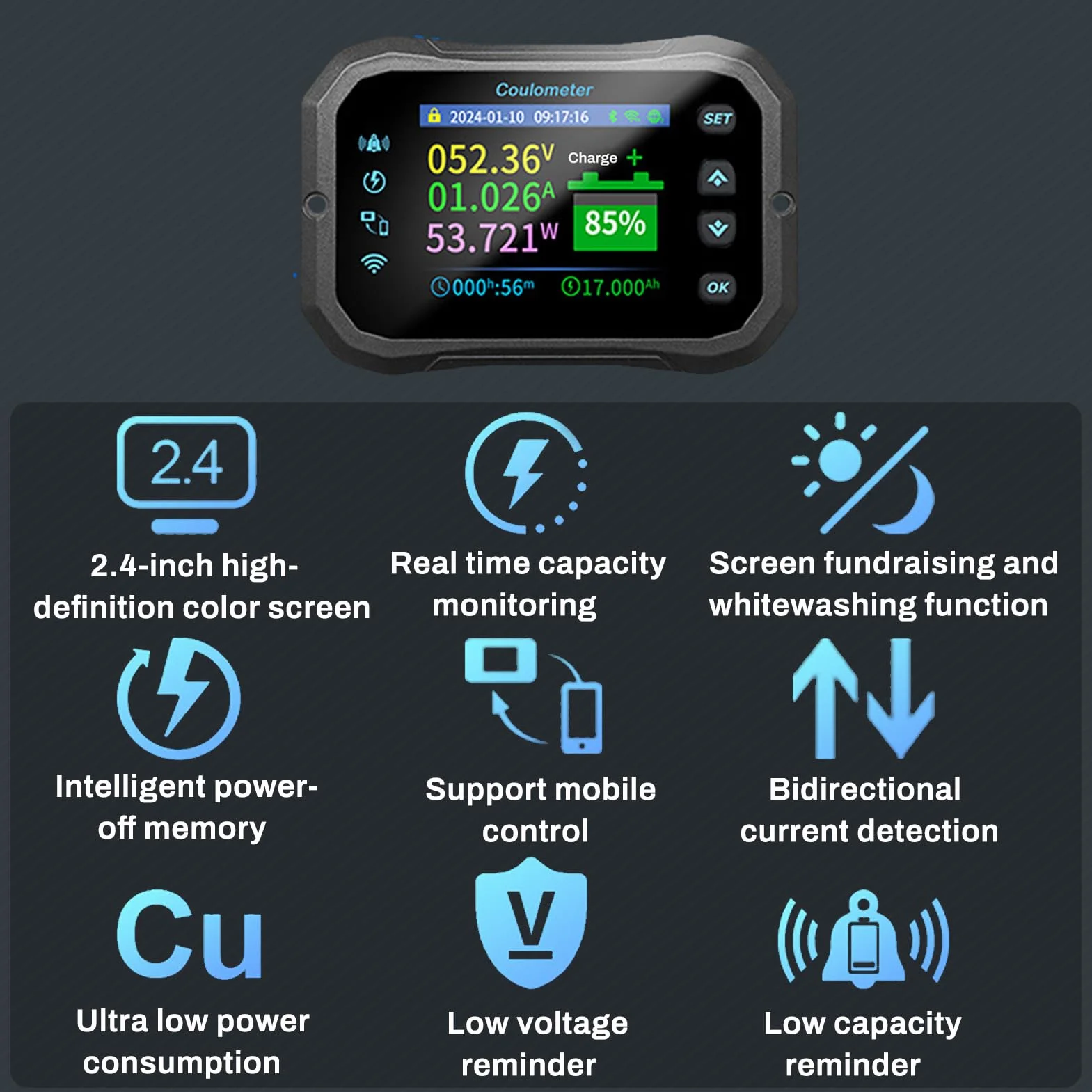 Monitor Batteria, WIFI Tester Coulomb 12V 24V 36V 48V 72V Controllo Remoto APP con Allarme Digitale Voltmetro 100A 10-100V per Roulotte Impianto Solare