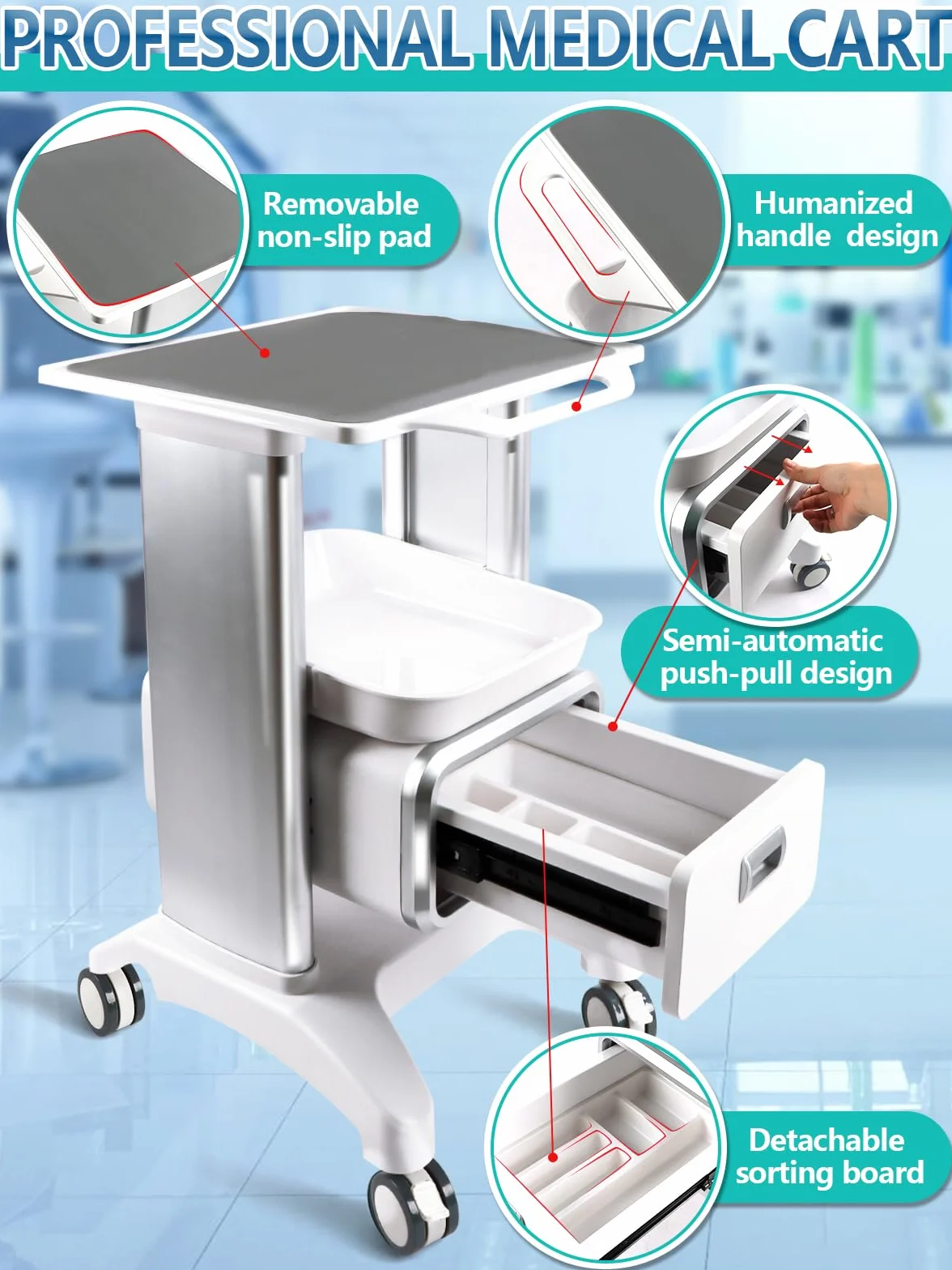 EBANKU Carrello medico con ruote, carrello professionale con cassetto, dotato di cuscinetti antiscivolo, per clinica, spa, ufficio, camera da letto