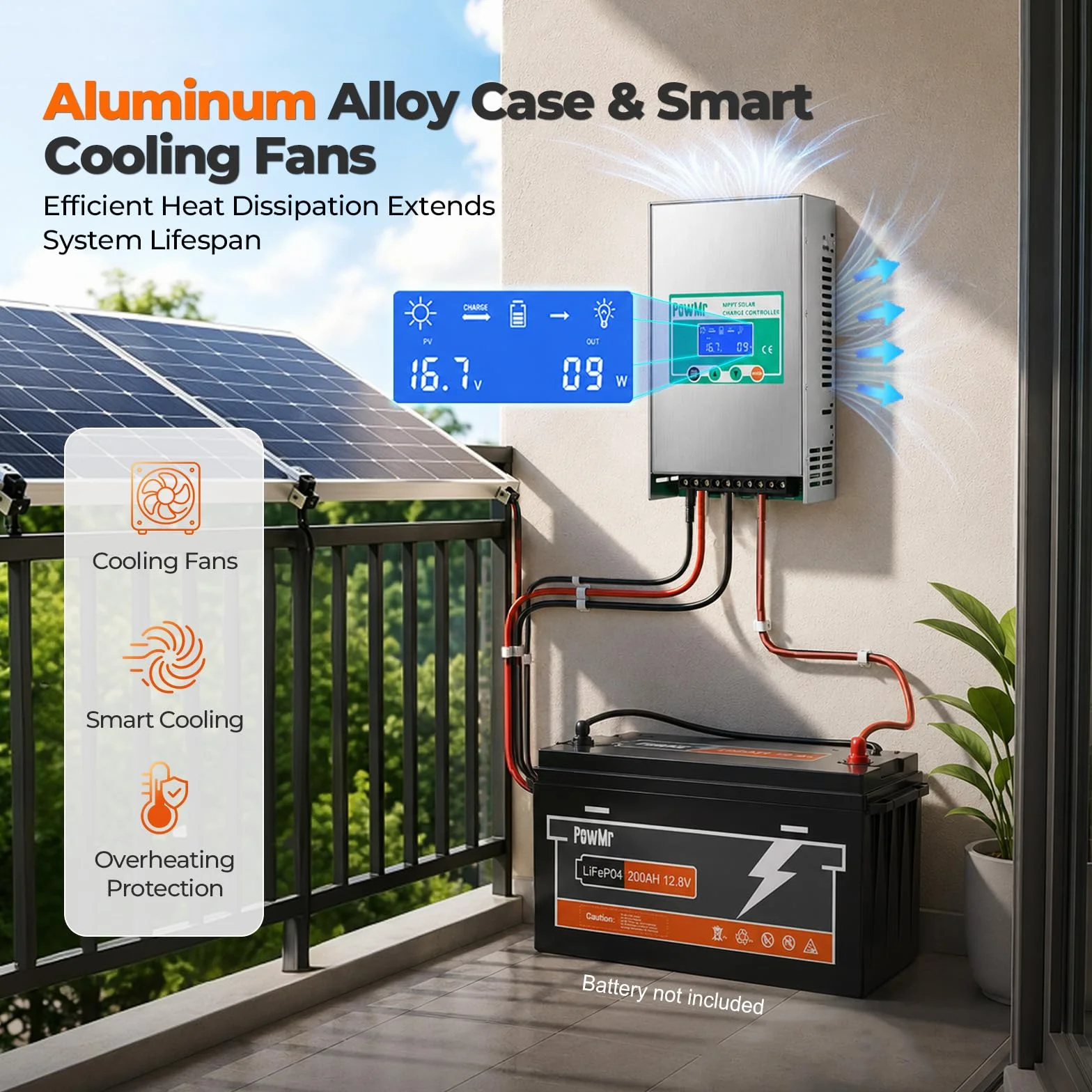 PowMr Regolatore di carica solare MPPT da 100 A, 12 V, 24 V, 36 V, 48 V, automatico, regolatore per pannello solare a terra negativa da 100 Amp, alloggiamento in alluminio per batteria al piombo