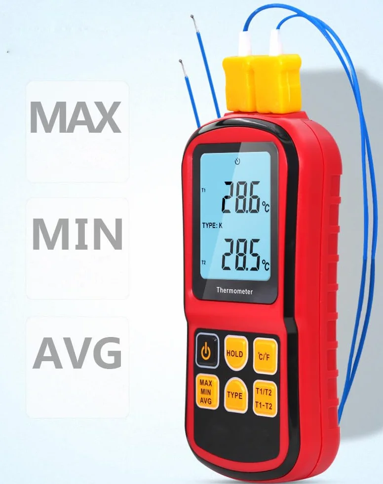 ThreeH Termometro digitale a doppio canale LCD retroilluminato con sonde termocoppia tipo K per K/J/T/E/R/S/N