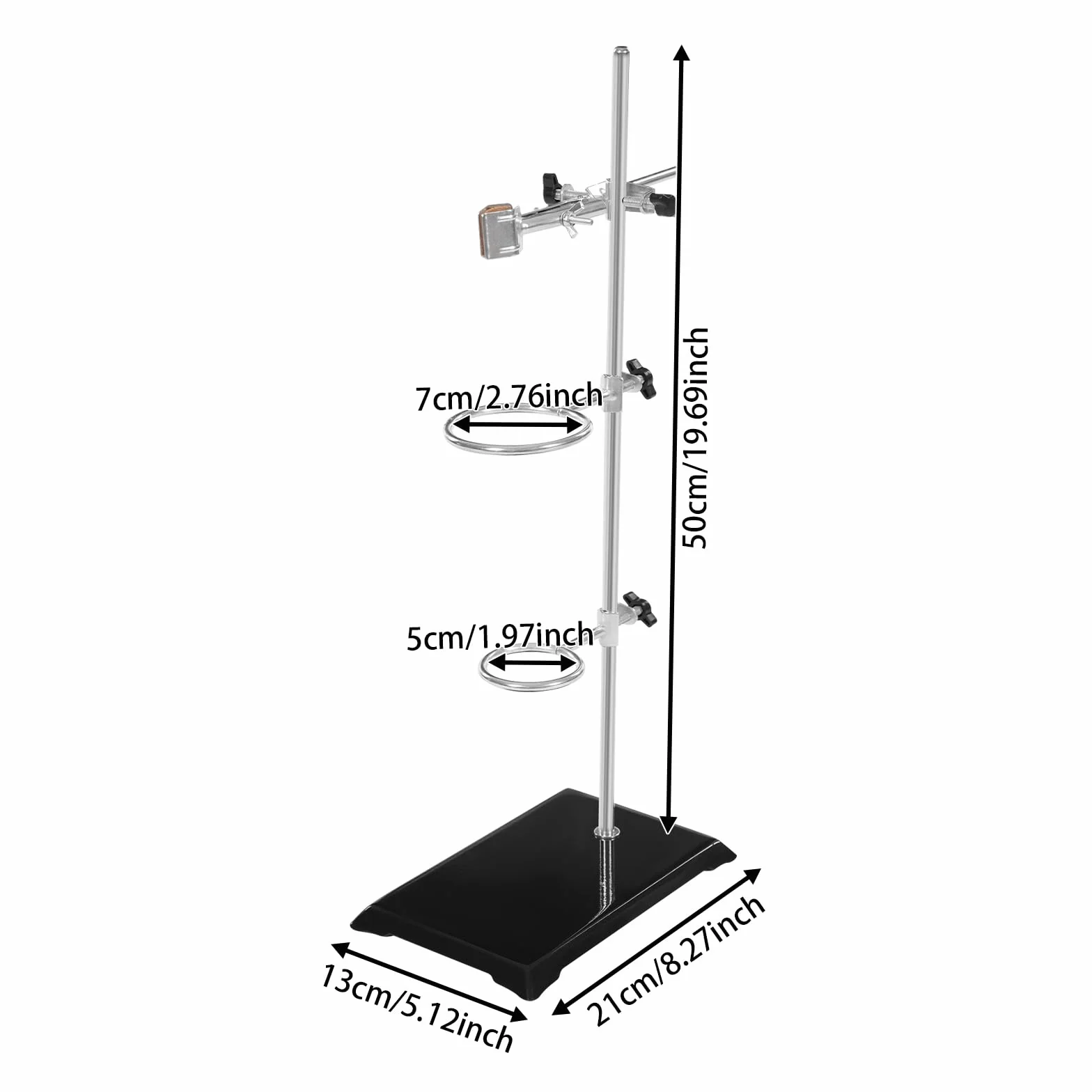 Supporto per laboratorio, 13 x 21 cm, lunghezza asta 50 cm, con morsetto regolabile in altezza, per esperimenti chimici e fisici
