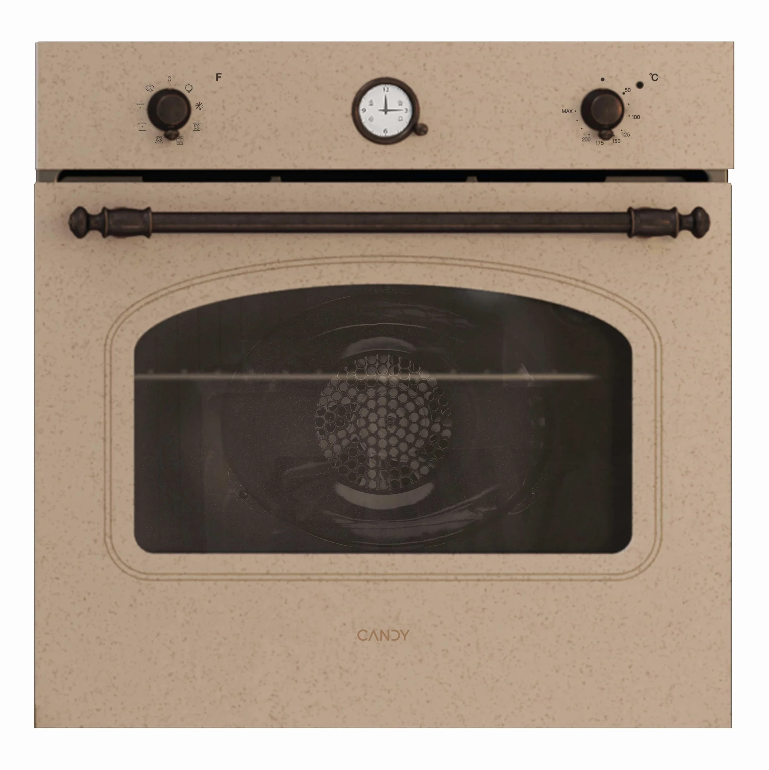Candy Classic Forno Elettrico da Incasso Ventilato, 65 Litri, Classe A+, Funzione Pizza, 8 Programmi di Cottura, Design Rustico con Orologio Analogico, 59,5 x 59,5 x 56,8 cm, Color Avena - FCC604NAV