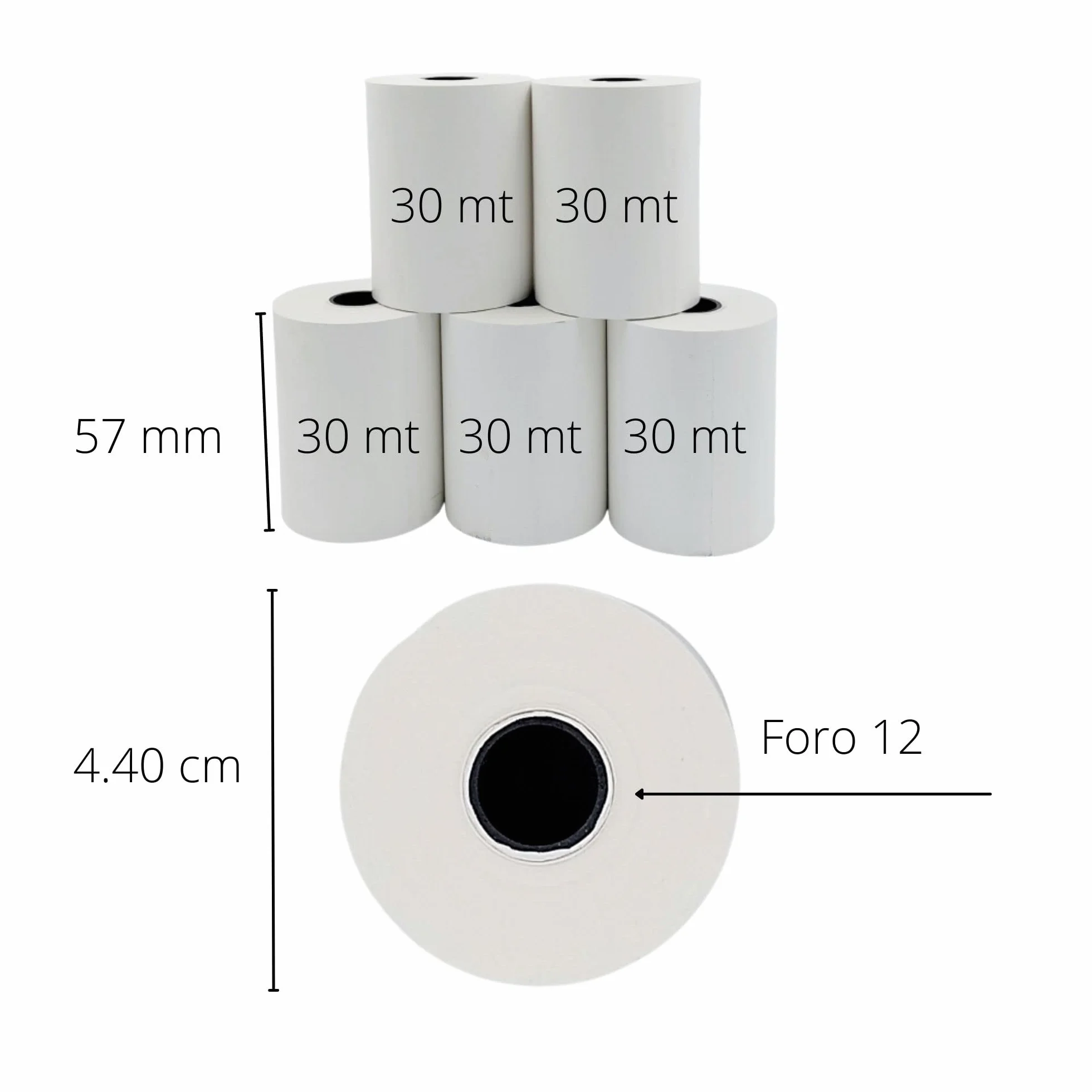 5 Rotoli pos termici 57 mm x 30 mt foro 12, compatibili con terminali pos, Non omologati.