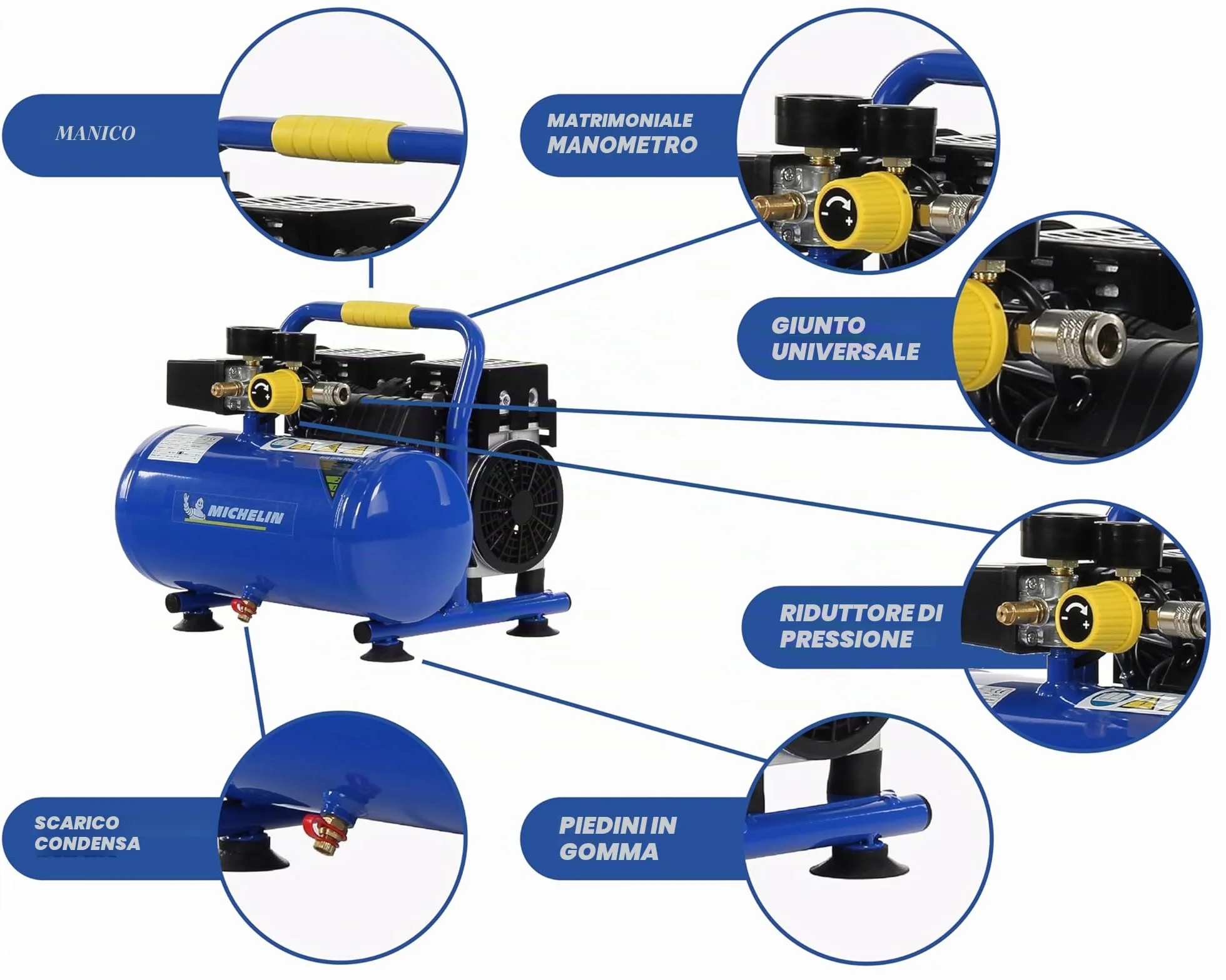 MICHELIN Compressore d'Aria Portatile Silenzioso MX 6/1, Compressore Aria Senza Olio, Pressione Massima 8 Bar, Potenza 1 CV, Serbatoio 6 Litri, Rumorosità 58 dB LpA