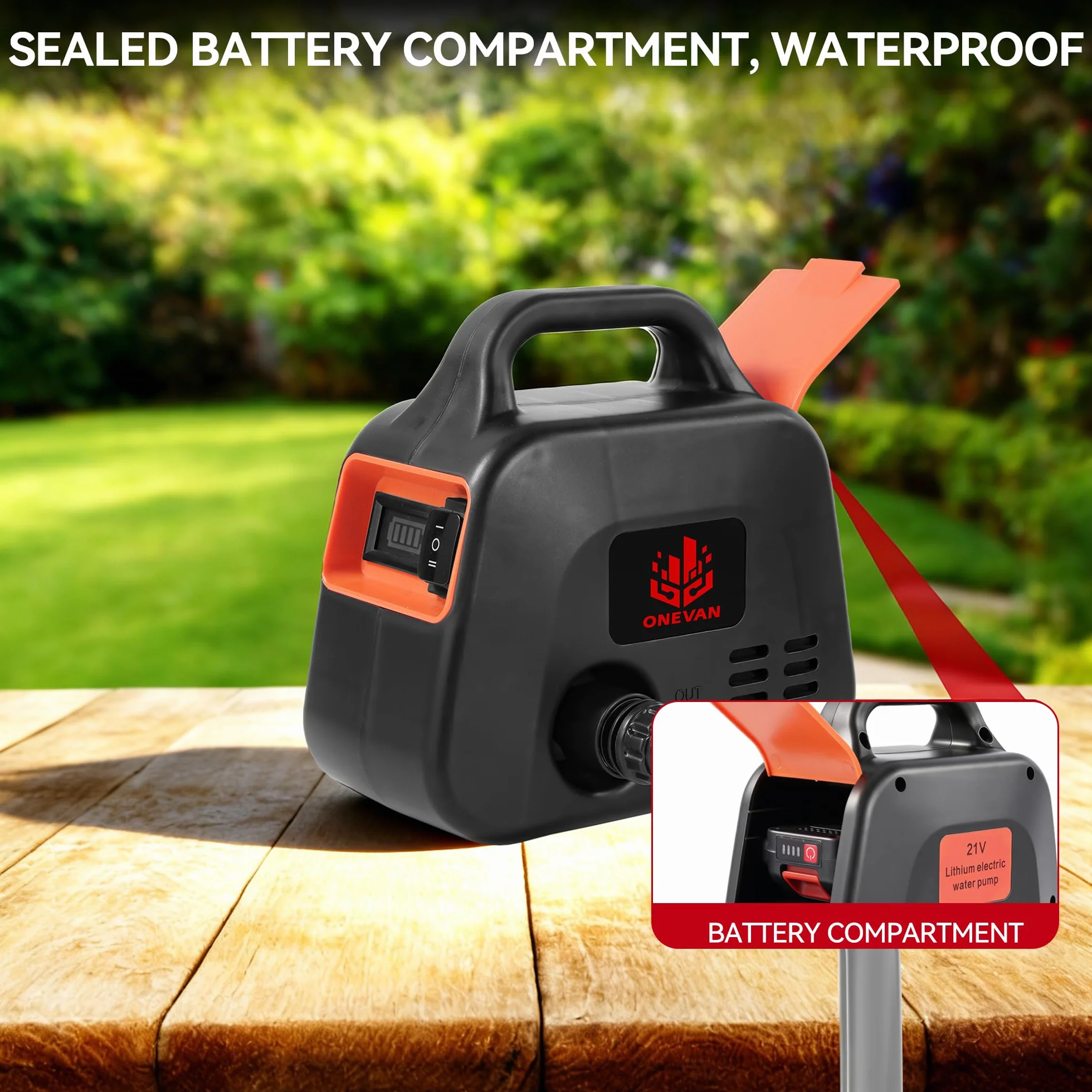 ONEVAN Pompa dell'acqua a batteria, 600 l/h, pompa da giardino elettrica con indicatore di potenza, 2 batterie da 2000 mAh, regolazione a 2 marce, pompa dell'acqua con ugello 7 in 1, tubo, filtro