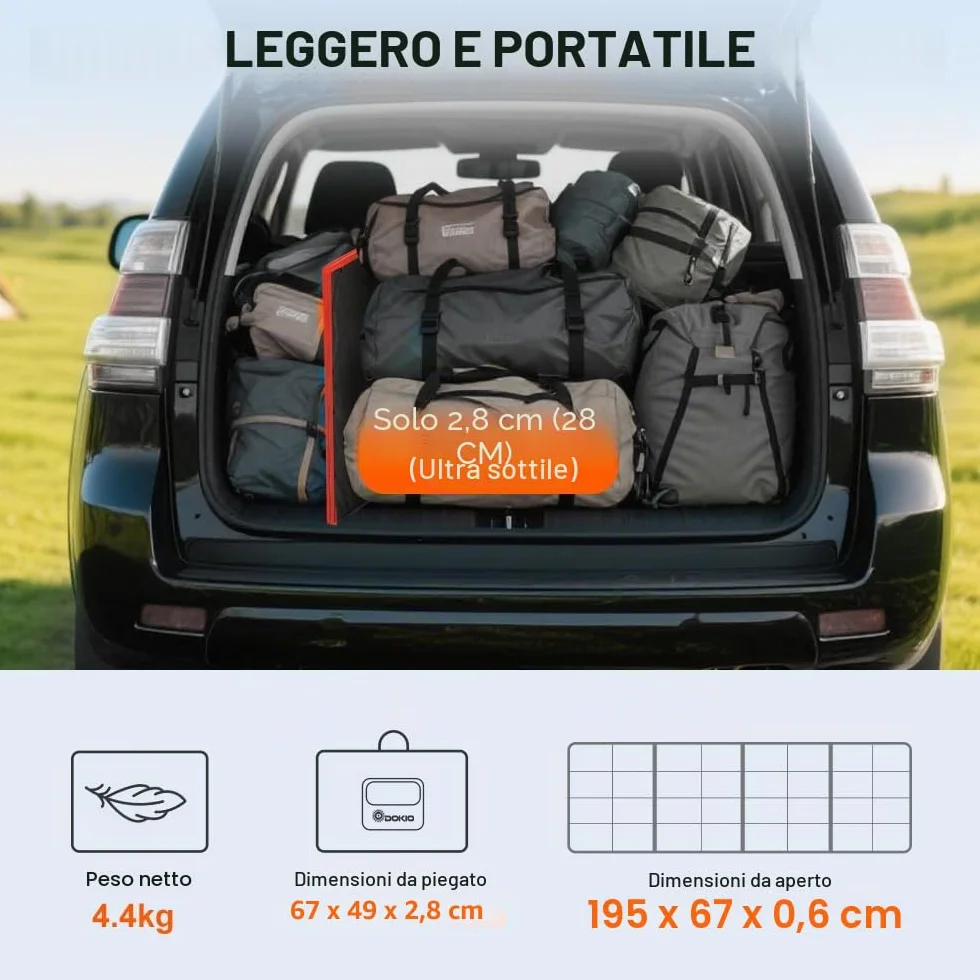 DOKIO 200W Pannello Solare Portatile (4,4 kg, 67 * 49cm) Mobile e Pieghevole + 20A Regolatore con Presa USB 5V 2A