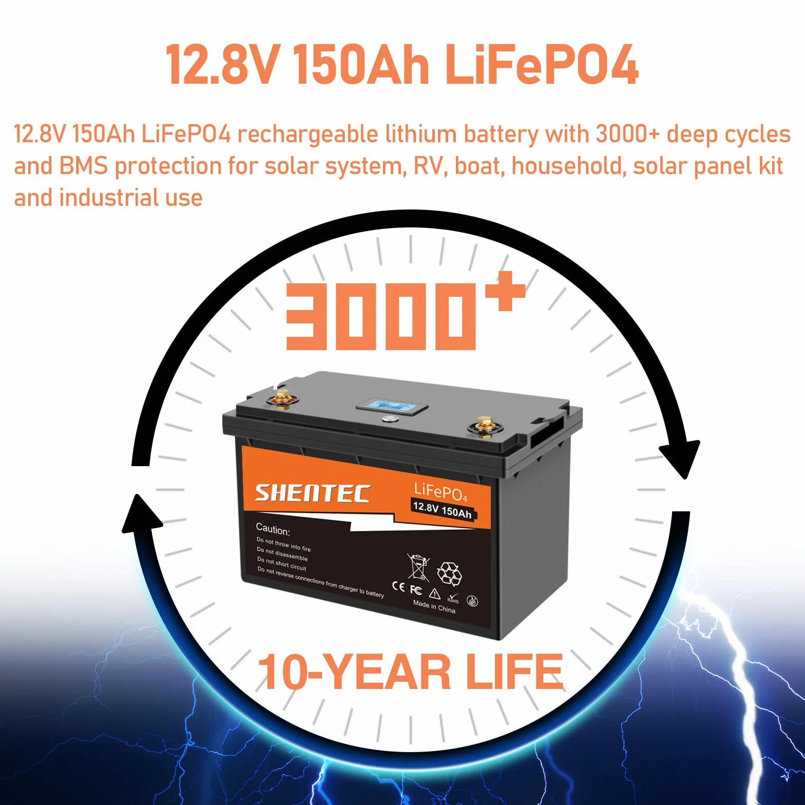 Shentec Lifepo4 150Ah Batteria auto LiFePO4 Batteria al litio a ciclo profondo da 150A BMS integrata, 6000+ cicli, per camper, rimorchio solare, barca e campeggio