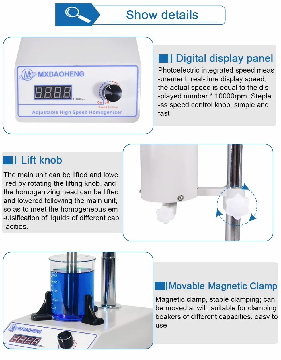 MXBAOHENG Omogeneizzatore Regolabile Emulsionatrice da laboratorio 5-1000 ML Emulsionante per dispersore da laboratorio FSH-2A con testa di lavoro 1212G e 1218G (220V)