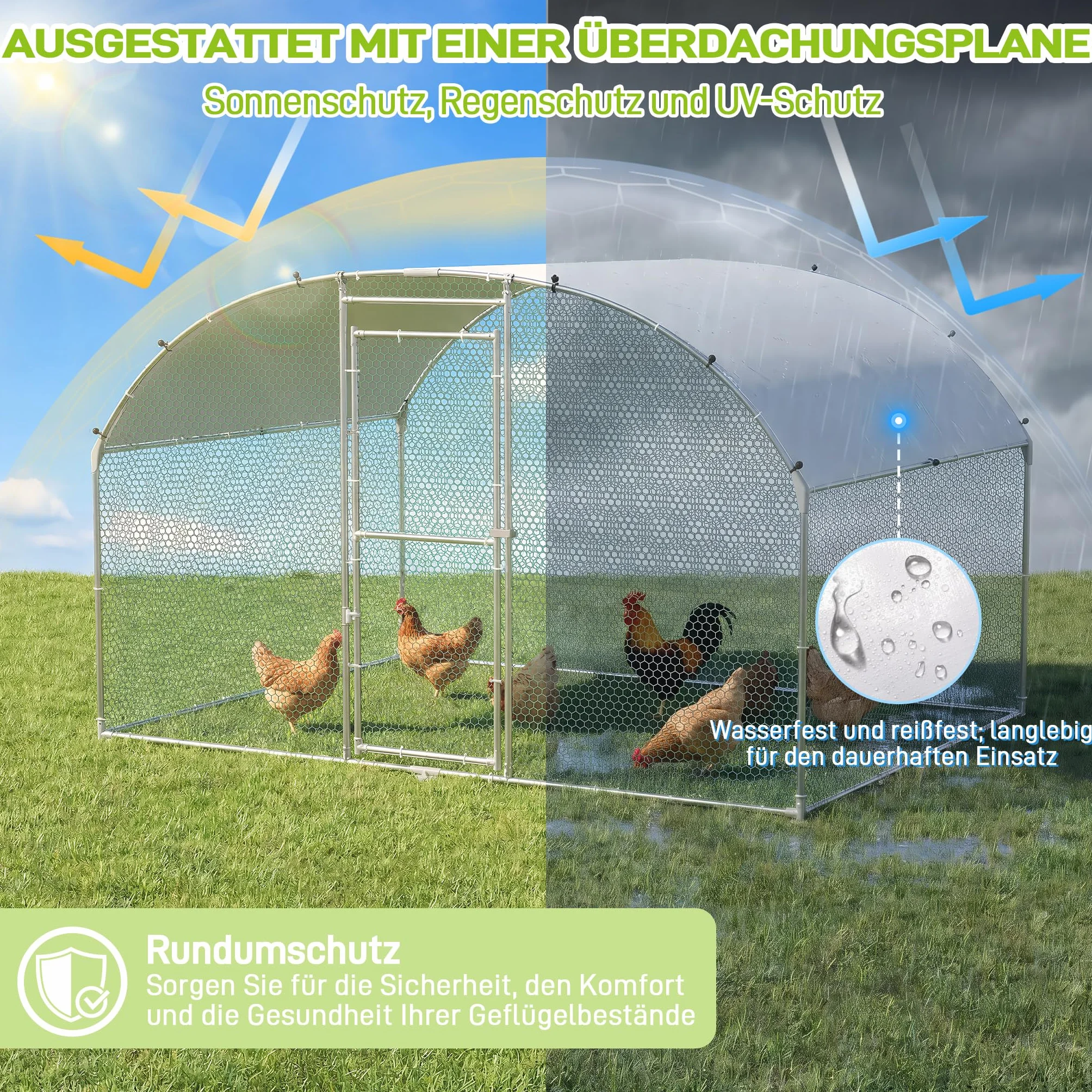 Froadp Pollaio 3 x 6 m gabbia per polli in metallo zincato Recinzione libera con protezione solare tetto e porta chiudibile a chiave, gabbie per pollo, pollame, conigli