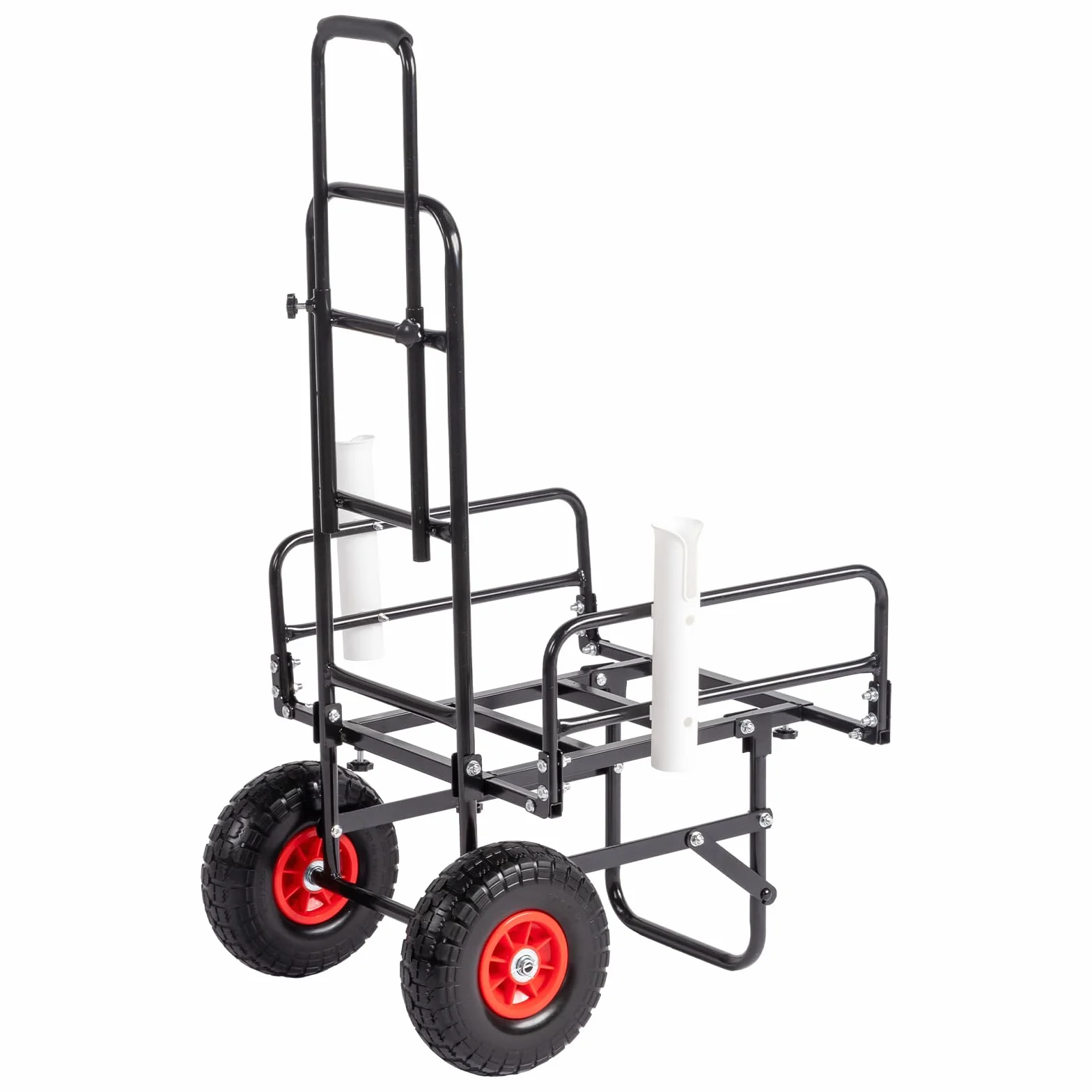 Carrello da pesca pieghevole con due ruote in poliuretano Carrello in acciaio per un facile trasporto Due supporti per canna da pesca regolabili leggero nero
