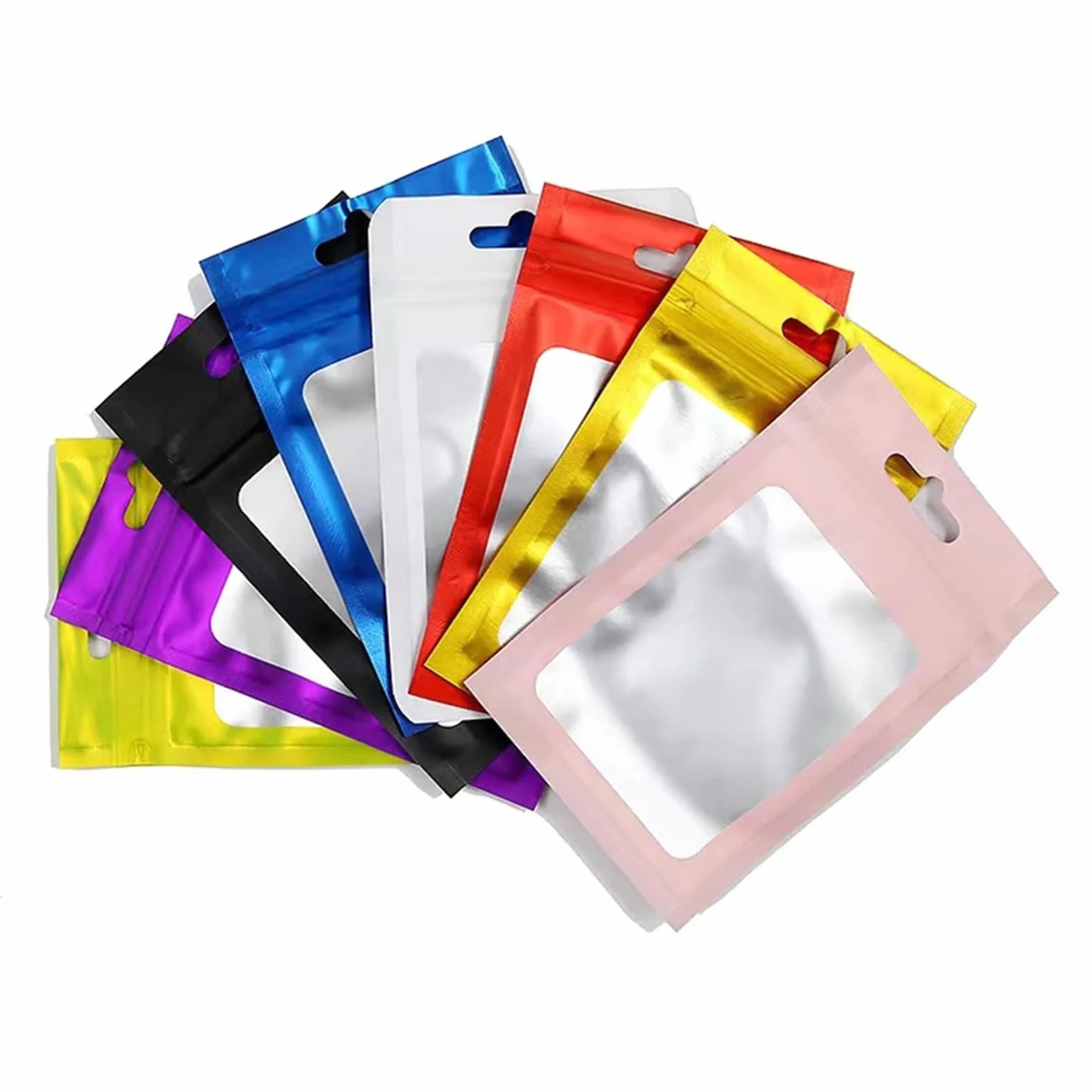 Sacchetti Ziplock, 100 pezzi Zip Lock Sacchetto di alluminio colorato con foro for appendere Finestra trasparente opaca Chiusura lampo autoadesiva Tacca a strappo Confezione alimentare riutilizzabile(