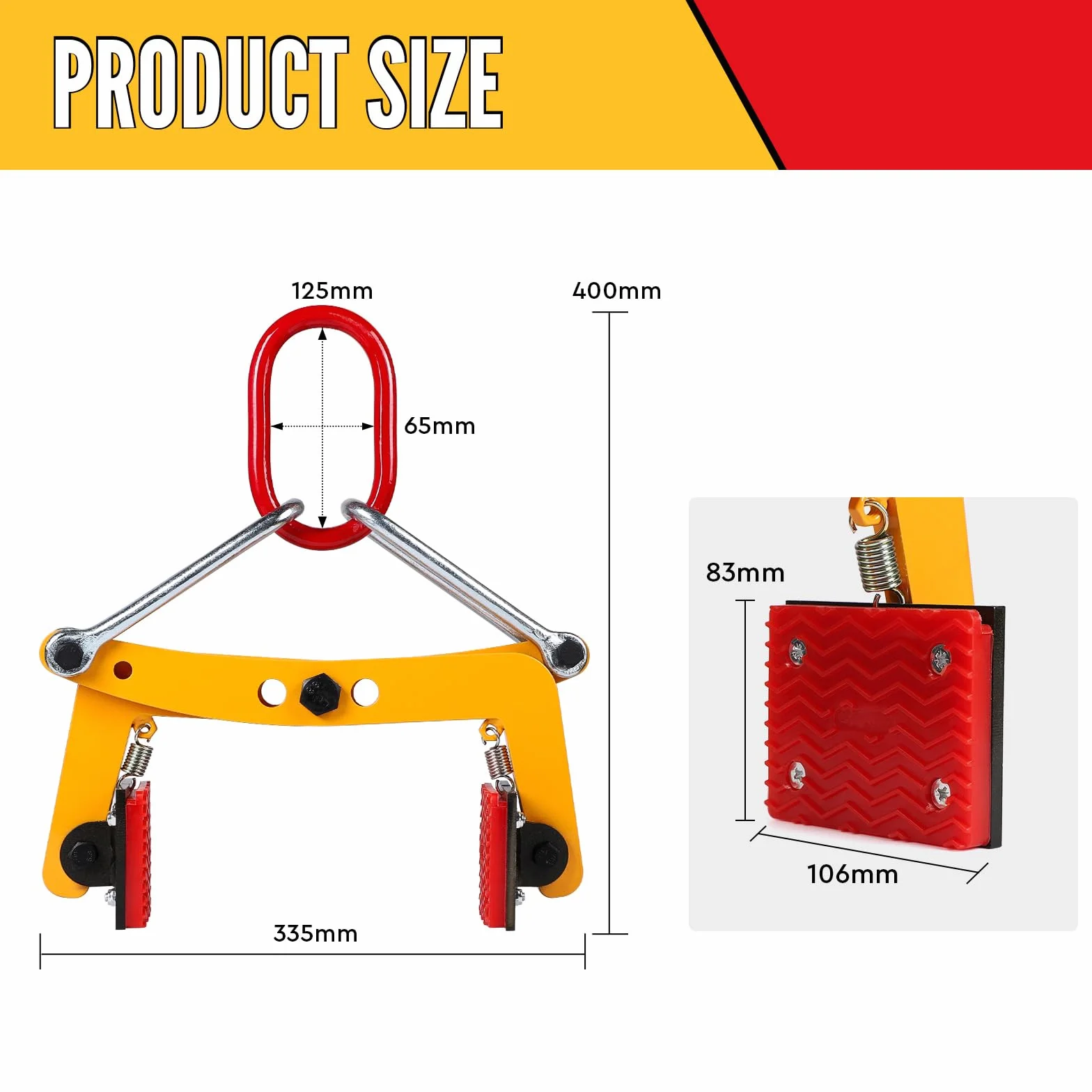 SWAWIS Pinza di Sollevamento per Cordoli Apertura Regolabile 12-24cm Capacità di Carico 280 kg Pinza per Pavimentazione con Cuscinetti Antiscivolo in Gomma per il Trasporto di Pietre o Legname(Giallo)