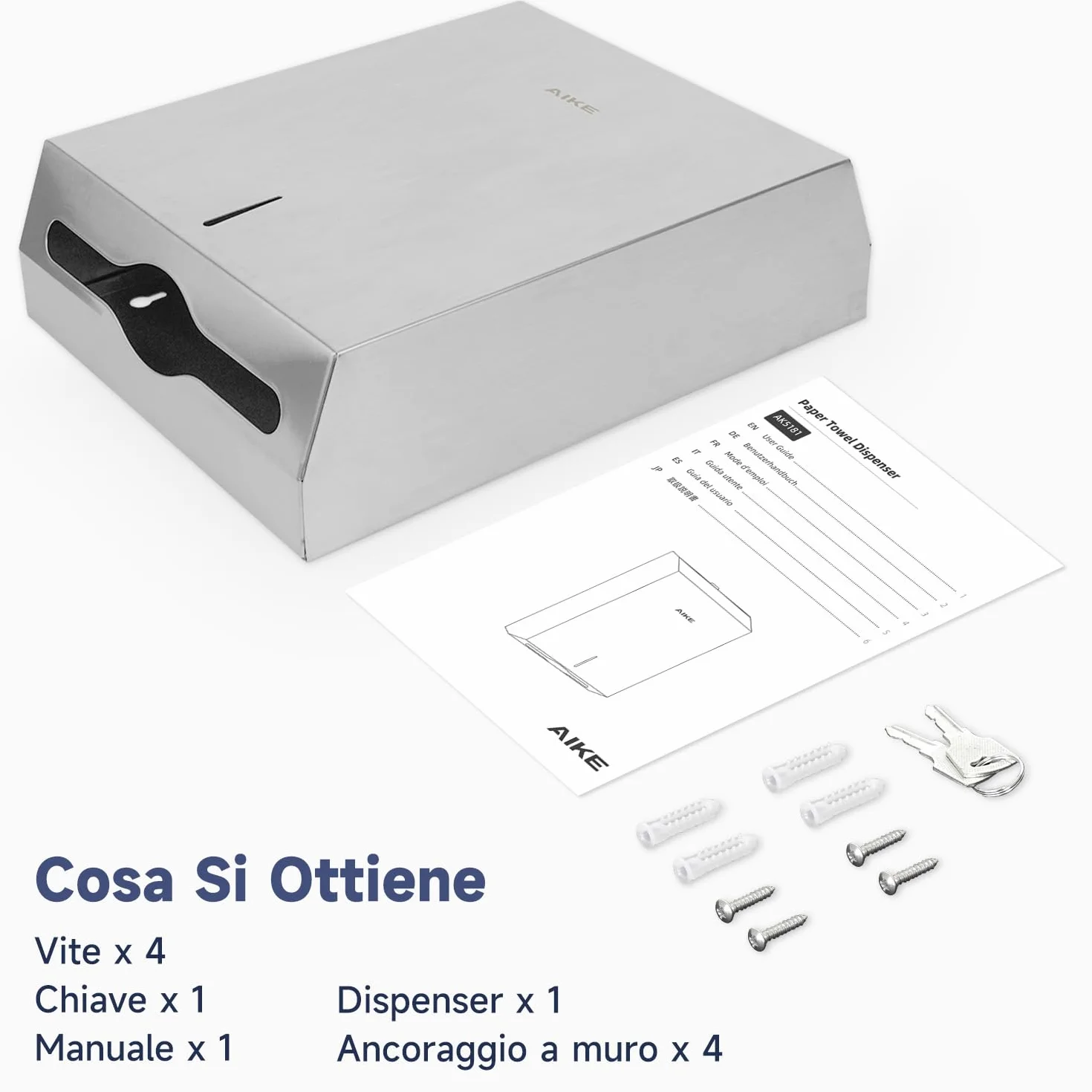 AIKE 400 Fogli Distributore di Asciugamani di Carta Commerciale in Acciaio Inox a Muro con Blocco AK5181
