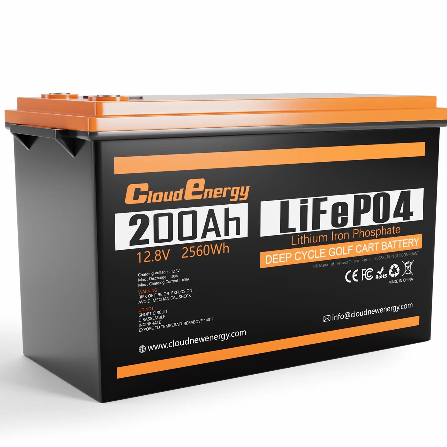 Batteria al litio Cloudenergy 12V LiFePO4 200Ah con durata di oltre 10 anni, oltre 6000 cicli, potenza 2560Wh. IP65, ideale per applicazioni marine, solari e RV.