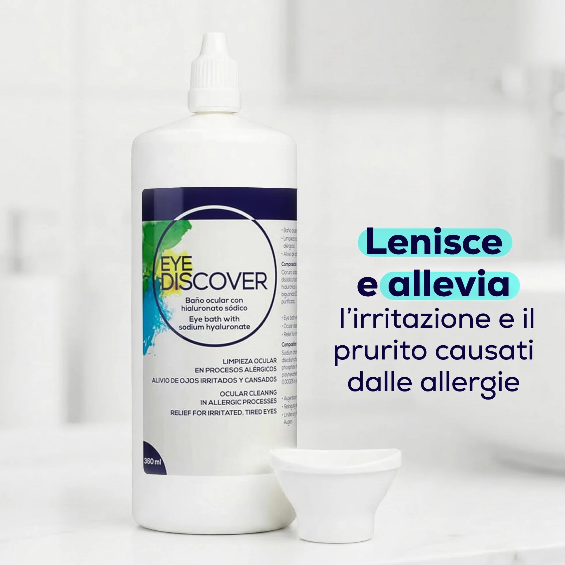 Bagno Oculare con Acido Ialuronico e Vaschetta Oftalmica per Idratazione e Pulizia Profonda degli Occhi, Soluzione Biocompatibile, 2 x 360 ml