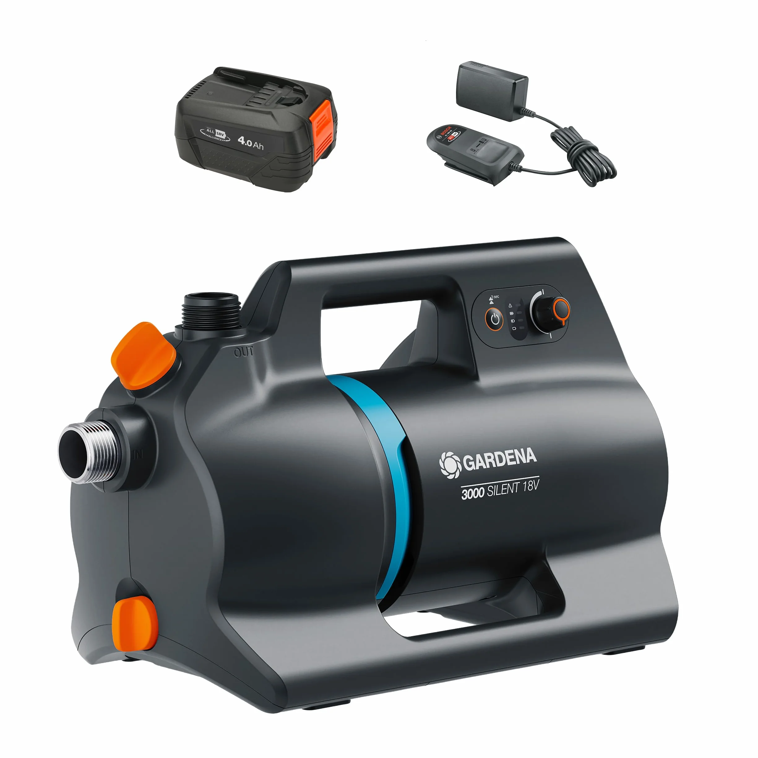 Gardena Pompa Da Giardino A Batteria 3000 Silent 18V P4A Set Pronto All'Uso: Potente, Funzionamento silenzioso, Scocca resistente alla pioggia e ai raggi UV (14610-20)