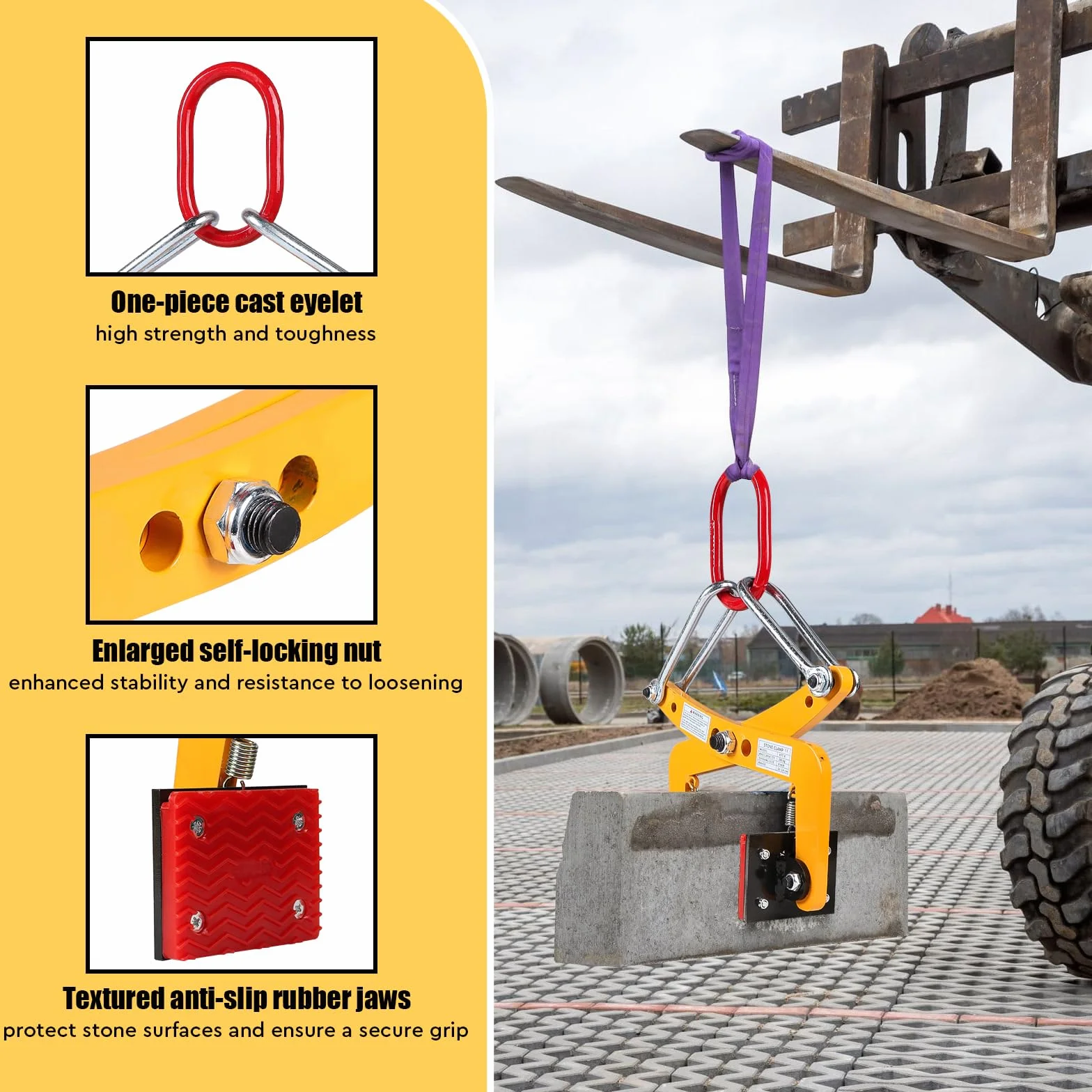 SWAWIS Pinza di Sollevamento per Cordoli Apertura Regolabile 12-24cm Capacità di Carico 280 kg Pinza per Pavimentazione con Cuscinetti Antiscivolo in Gomma per il Trasporto di Pietre o Legname(Giallo)
