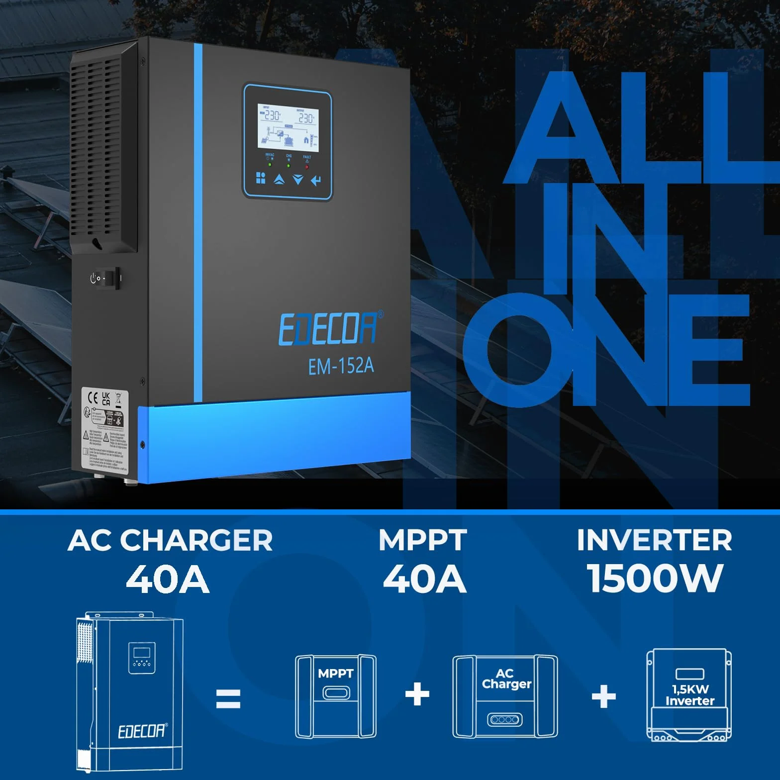 EDECOA Inverter ibrido 1500W 24 V 230 V 1500 VA caricatore solare MPPT 40 A Pur Sinus 30 – 150 Vdc Off-Grid BMS Comunicazione Caricabatterie Priorità di rete Regolatore di carica solare