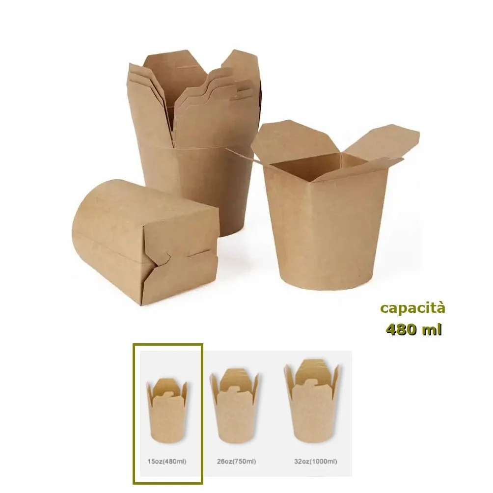 Bio Noodle Box Scatole da Asporto 480ml – 50 Pezzi Kraft Cartone con Coperchio Pieghevole