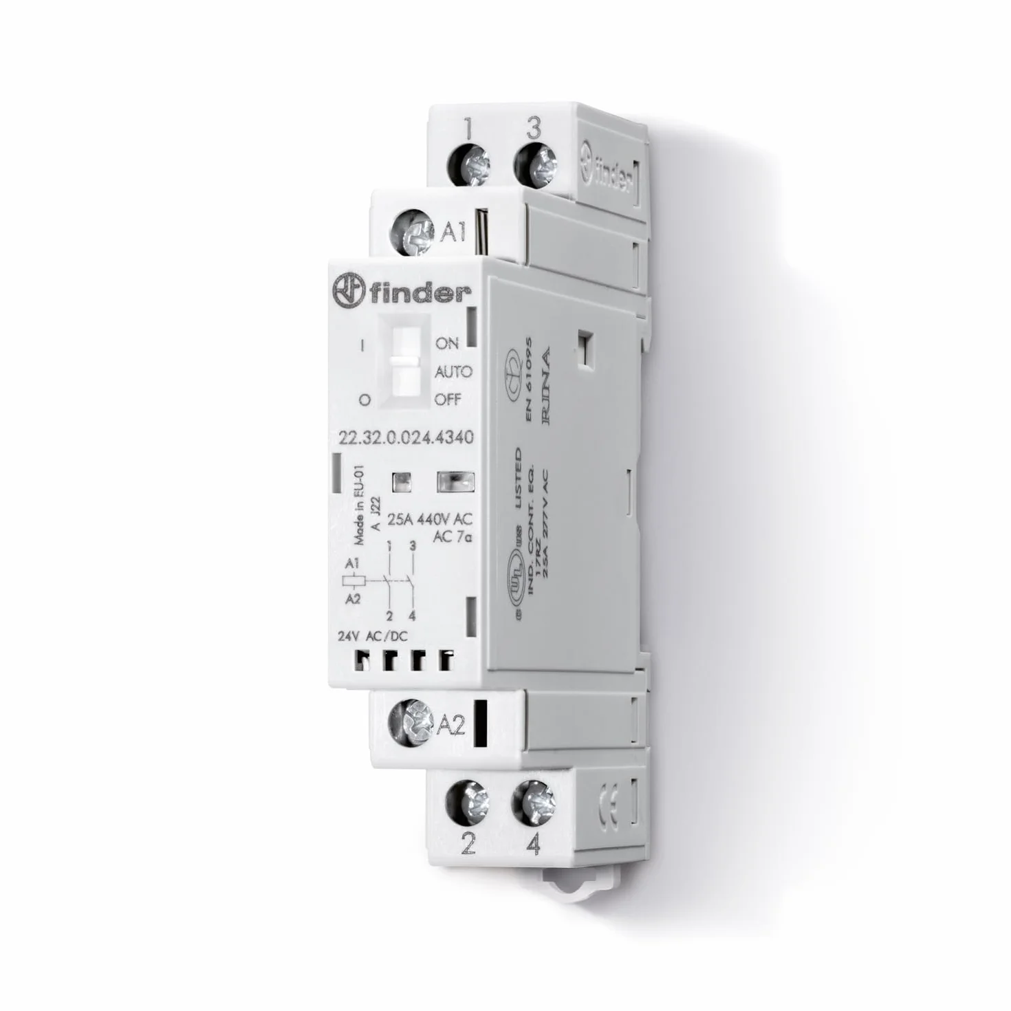 Finder Contattore Modulare 25 A Tipo 22.32. Selettore Auto ON/OFF, indicatore meccanico e LED, apertura contatti NO >= 3 mm, doppia rottura. Bobina AC/DC