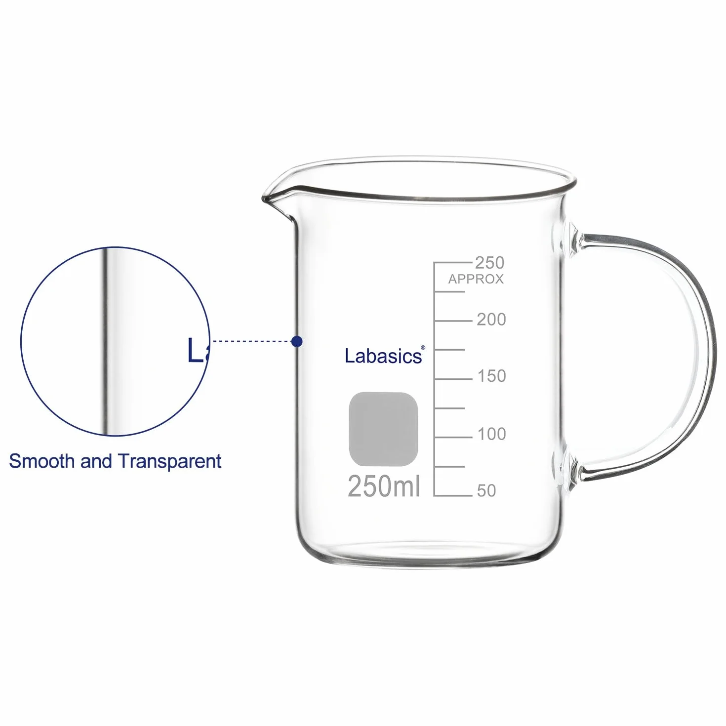 Labasics Bicchiere di Vetro, G3.3 Bicchiere Graduato in Vetro Borosilicato da Laboratorio Bicchiere di Misura Trasparente Bicchiere di Forma Bassa Griffin con Manico e Beccuccio, 250 ml