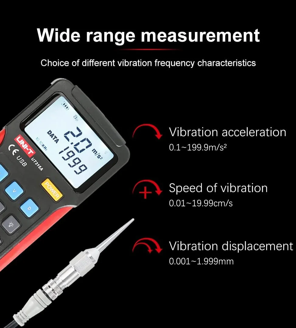 UNI-T UT315A - Tester di vibrazioni, 0,1 – 199,9 m/s², accelerazione, 0,1 – 19,99 mm/s, velocità 1 – 1,999 mm, scorrimento