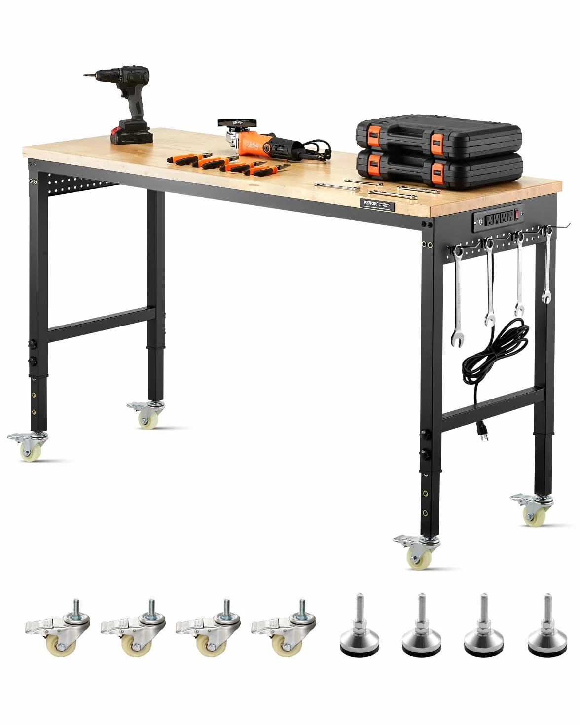 VEVOR Banco da Lavoro Regolabile 1524 mm, Carico 907 kg, Presa di Corrente, Tavolo per Lavoro Porta Attrezzi, Piano in Legno di Quercia per Garage, Officina, Ufficio e Casa