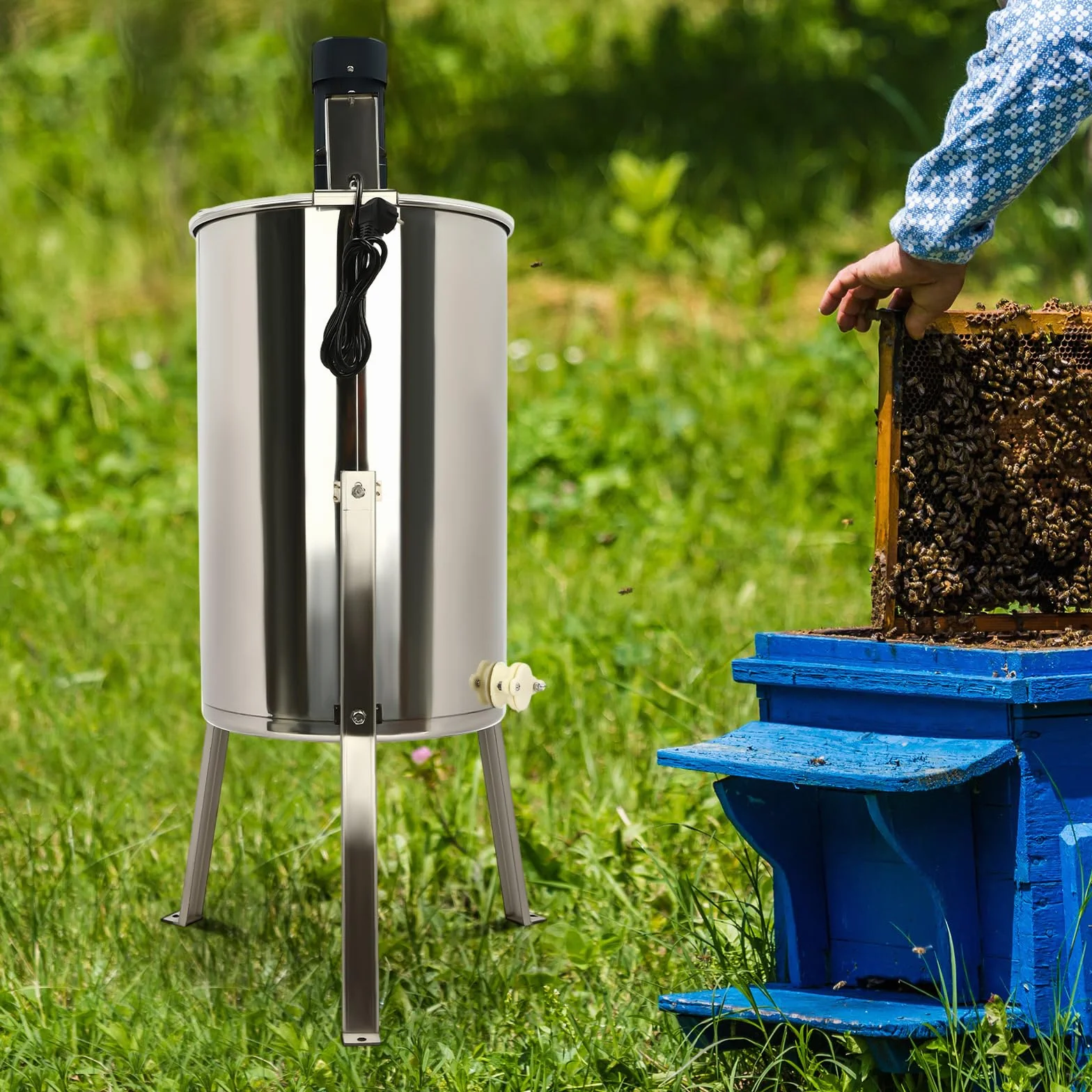 Estrattore di miele per alveare, centrifuga di miele elettrica 4 cornici, 140 W, in acciaio inox, estrattore di miele con coperchio per 2 telai grandi e 2 piccole cornici, apicoltori e apicoltori
