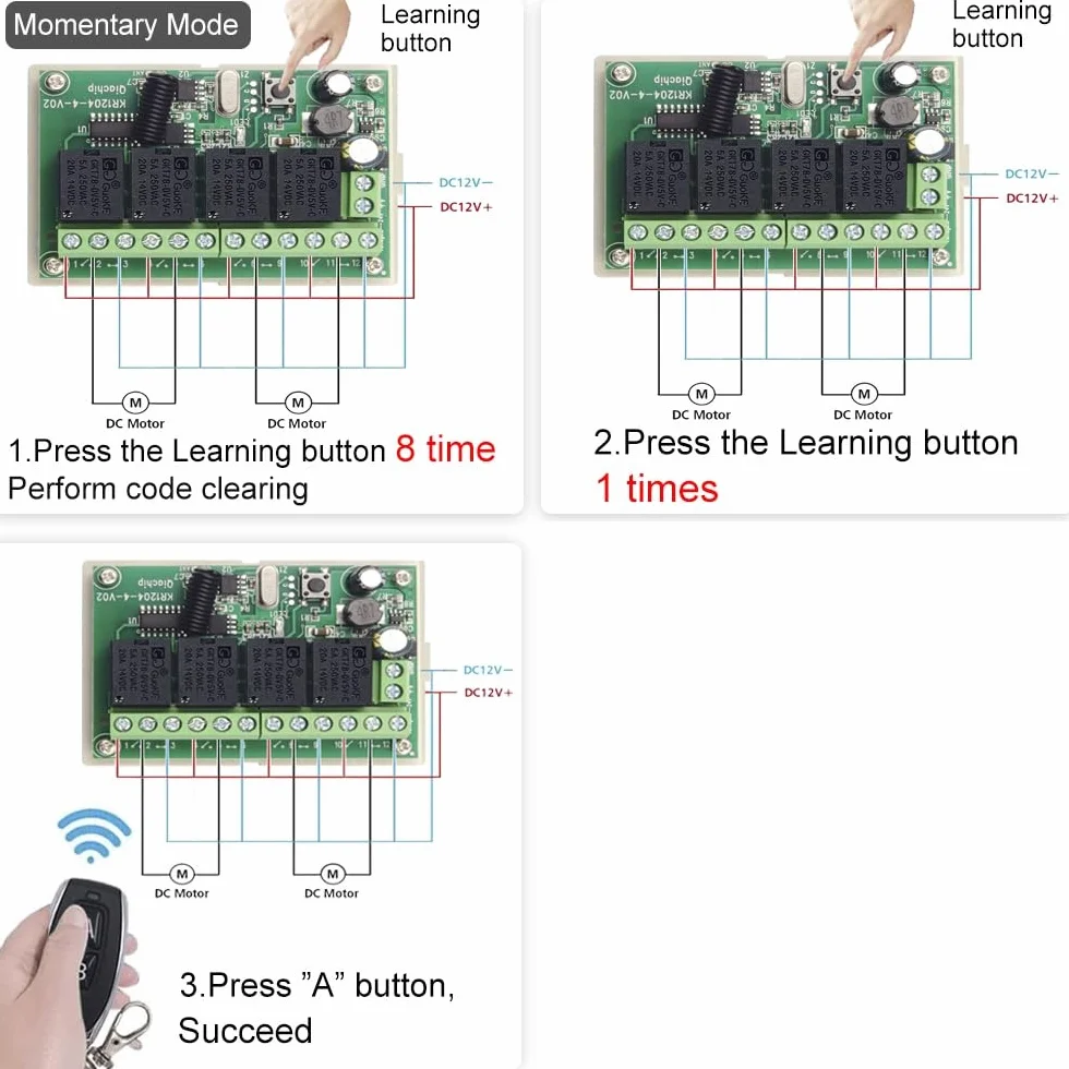 QIACHIP Interruttore di controllo remoto wireless DC 12V 24V 4CH 10A Ricevitore relè a radiocomando a 4 canali 433Mhz con 4 trasmettitori RF, per luci, porta del garage, motore