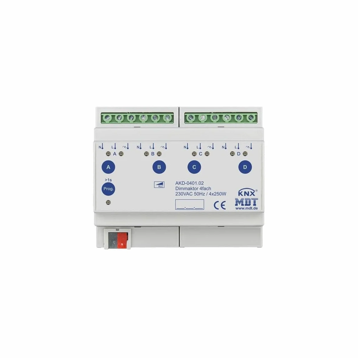 Attuatore dimmer KNX 4 volte, 6TE, REG, 250 W, 230 VAC con misurazione della potenza attiva