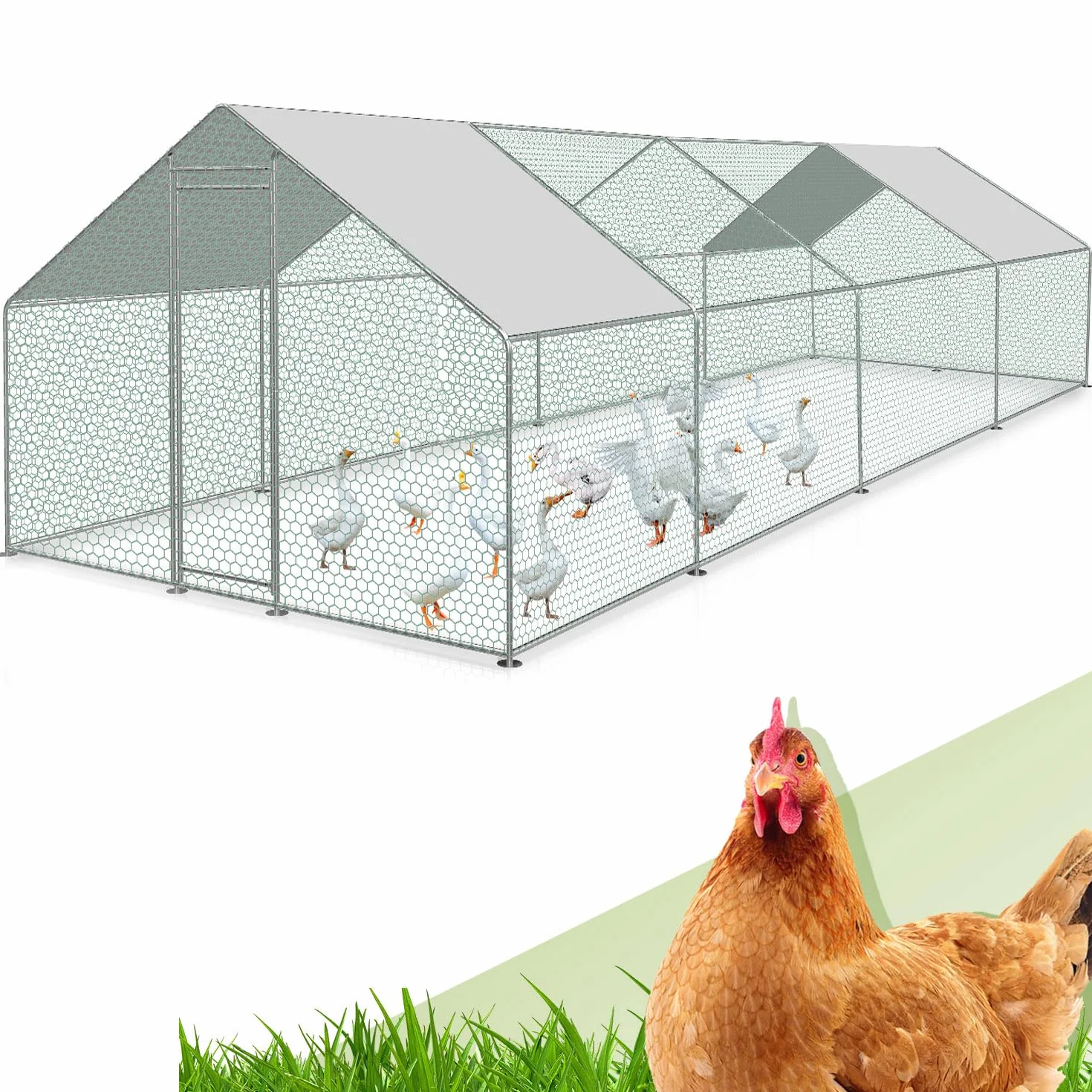 Randaco 3 x 8 x 2 m, gallina a ruota libera, XXL in acciaio zincato, con tetto parasole e porta per animali domestici, gabbia per uccelli, piccoli animali, con lucchetto