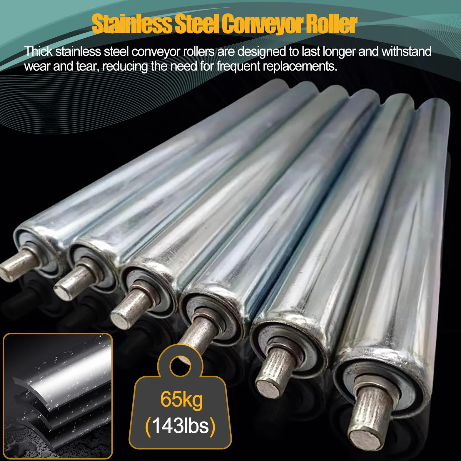 Rulli trasportatori resistenti in acciaio inox, 50 mm, 300 mm, 400 mm, 500 mm, 600 mm, 700 mm, 800 mm, rimovibili, per sistemi di nastri trasportatori, confezione da 10, diametro 5,1 cm