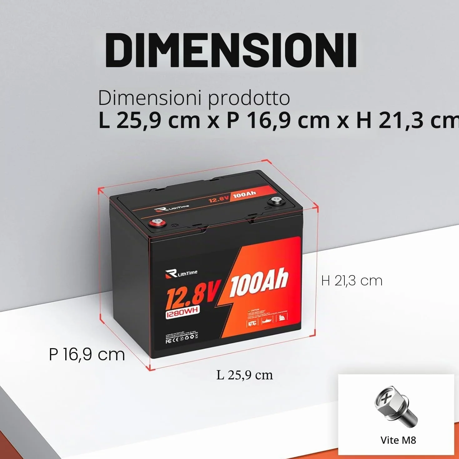 Batteria Auto 100Ah Litio, Batteria LiFePO4 12V 100Ah con 9.5kg Design Compatto, 98% Efficienza BMS 100A IP65, Struttura Alluminio Interna, 4500-16000 Cicli per Camper Sistemi Fotovoltaici (Group24)